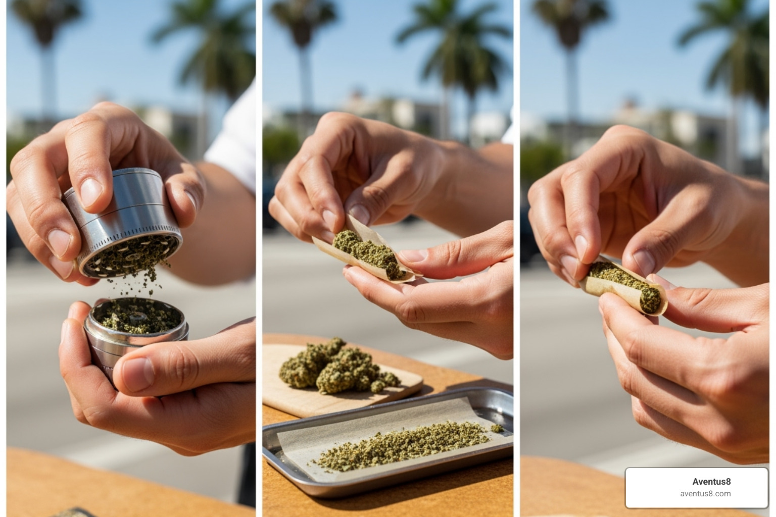 of a step-by-step photo collage showing hands grinding cannabis, filling a wrap, and rolling a blunt—set against a Hollywood, FL backdrop - weed wraps