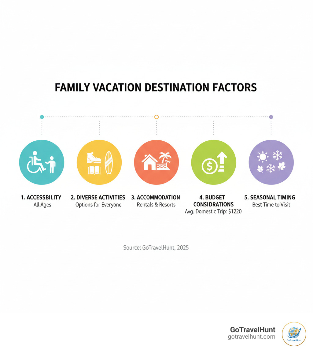 infographic showing key factors for choosing family vacation destinations including accessibility for all ages, diverse activity options, accommodation types like vacation rentals and resorts, budget considerations with average family spending at $1200 for domestic trips, and seasonal timing recommendations - great places for family vacations infographic  infographic showing key factors for choosing family vacation destinations including accessibility for all ages, diverse activity options, accommodation types like vacation rentals and resorts, budget considerations with average family spending at $1200 for domestic trips, and seasonal timing recommendations - great places for family vacations infographic