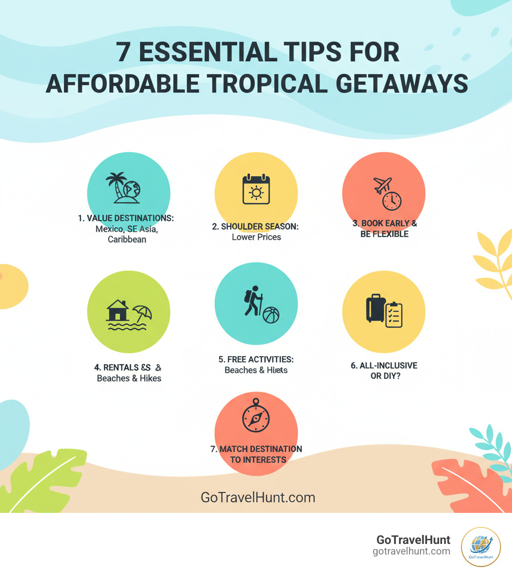 infographic showing 7 key tips for planning affordable tropical getaways: 1. Choose value destinations like Mexico, Southeast Asia, or the Caribbean 2. Travel during shoulder season for lower prices 3. Book flights early and stay flexible 4. Consider vacation rentals and hotels away from prime beaches 5. Focus on free activities like beaches and hiking 6. Decide between all-inclusive packages or DIY booking 7. Match your destination to your interests for maximum enjoyment - cheap tropical vacations infographic  infographic showing 7 key tips for planning affordable tropical getaways: 1. Choose value destinations like Mexico, Southeast Asia, or the Caribbean 2. Travel during shoulder season for lower prices 3. Book flights early and stay flexible 4. Consider vacation rentals and hotels away from prime beaches 5. Focus on free activities like beaches and hiking 6. Decide between all-inclusive packages or DIY booking 7. Match your destination to your interests for maximum enjoyment - cheap tropical vacations infographic
