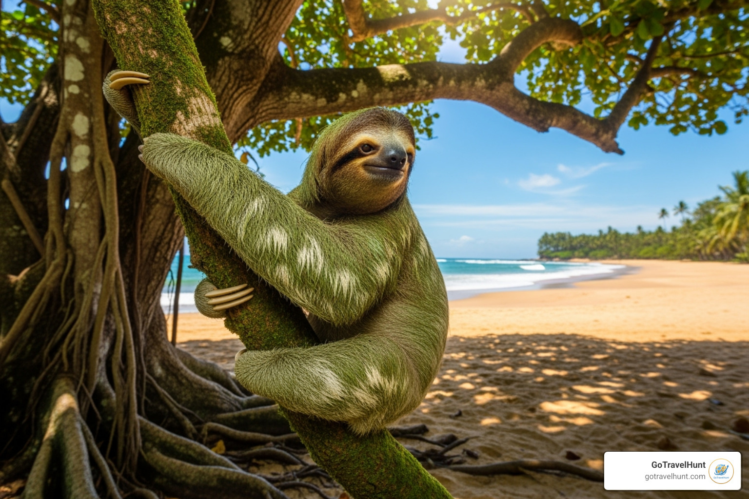 sloth in a tree with a beach in the background - tropical vacation destinationsโ sloth in a tree with a beach in the background - tropical vacation destinationsโ