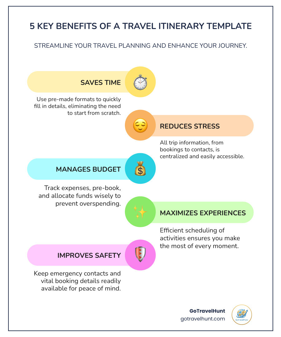 infographic showing five key benefits of using a travel itinerary template: 1. Saves Time - pre-made format requires only filling in details, 2. Reduces Stress - all information in one accessible place, 3. Manages Budget - tracks expenses and prevents overspending, 4. Maximizes Experiences - ensures efficient scheduling of activities, 5. Improves Safety - emergency contacts and booking details readily available - travel itinerary template infographic infographic-line-5-steps-colors infographic showing five key benefits of using a travel itinerary template: 1. Saves Time - pre-made format requires only filling in details, 2. Reduces Stress - all information in one accessible place, 3. Manages Budget - tracks expenses and prevents overspending, 4. Maximizes Experiences - ensures efficient scheduling of activities, 5. Improves Safety - emergency contacts and booking details readily available - travel itinerary template infographic infographic-line-5-steps-colors
