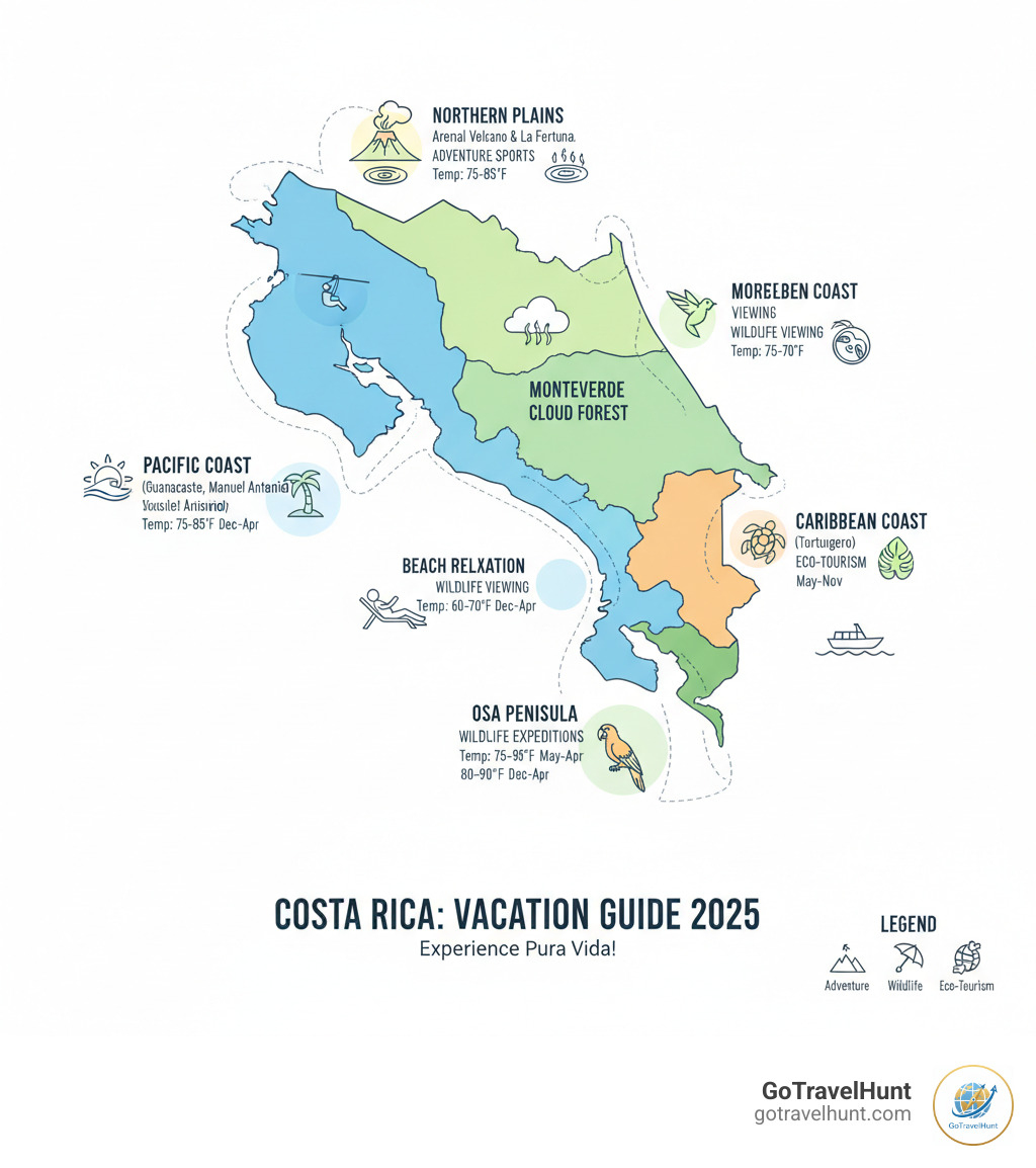 Infographic showing a map of Costa Rica with key regions marked: Northern Plains featuring Arenal Volcano and La Fortuna hot springs, Monteverde Cloud Forest in the central highlands, Pacific Coast beaches in Guanacaste and Manuel Antonio, Caribbean Coast with Tortuguero National Park, and Osa Peninsula in the south. Icons indicate main activities in each region: adventure sports, wildlife viewing, beach relaxation, and eco-tourism. Temperature ranges and best travel seasons are noted for each zone. - costa rica vacation infographic 