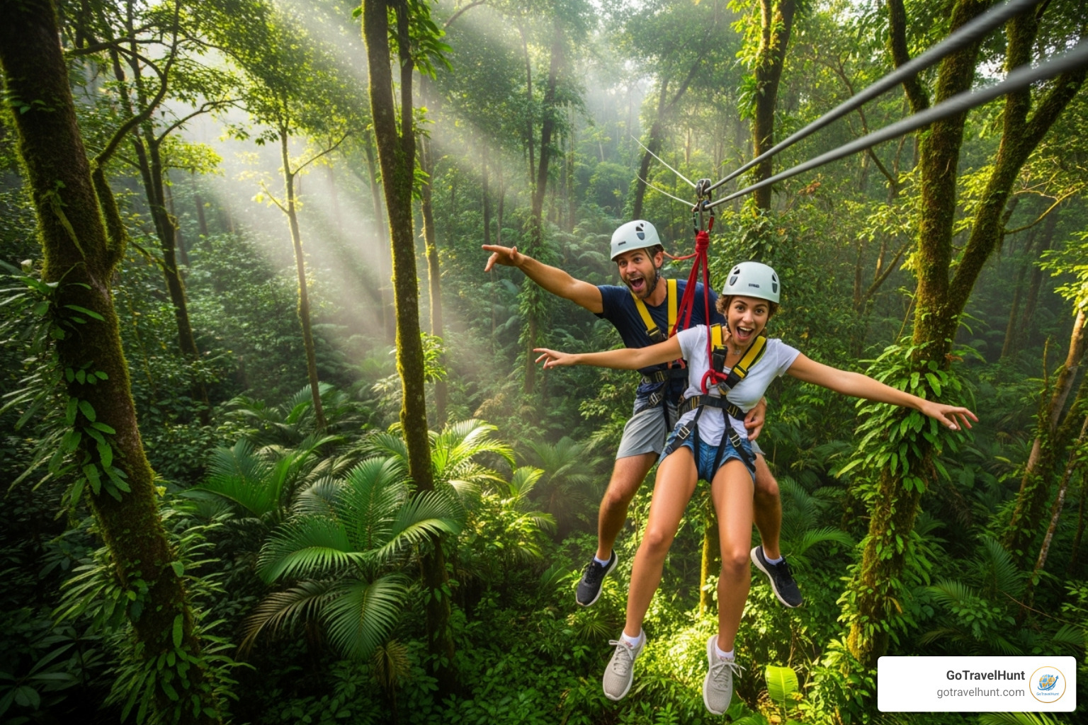 couple ziplining through rainforest - costa rica vacation​