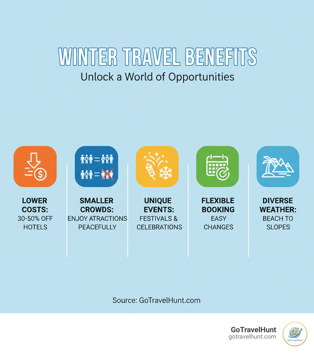 infographic showing winter travel benefits including 30-50% lower hotel costs, smaller crowds at major attractions, unique seasonal festivals and events, flexible booking options, and diverse weather choices from tropical beaches to snowy mountains - best winter vacations​ infographic 