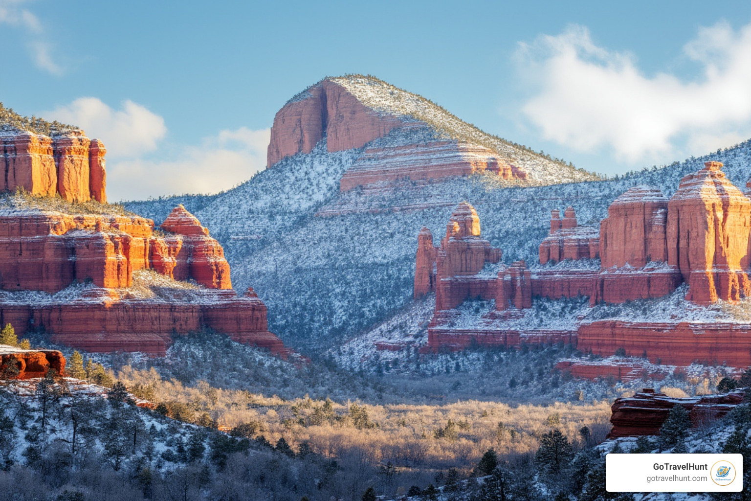 Sedona's red rocks with a light dusting of snow - best winter vacationsb