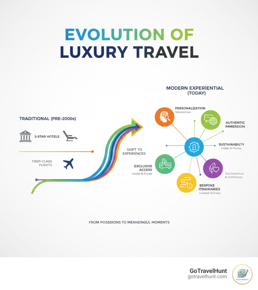 Evolution of luxury travel from traditional 5-star hotels and first-class flights to modern experiential travel featuring personalization, authentic cultural immersion, exclusive insider access, sustainable practices, and bespoke itineraries tailored to individual passions - luxury travel experiences infographic  Evolution of luxury travel from traditional 5-star hotels and first-class flights to modern experiential travel featuring personalization, authentic cultural immersion, exclusive insider access, sustainable practices, and bespoke itineraries tailored to individual passions - luxury travel experiences infographic