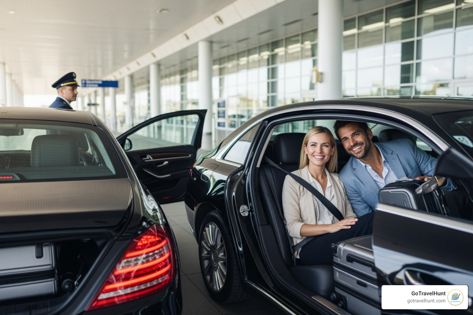 A couple enjoying a hassle-free airport transfer in a luxury vehicle - luxury travel experiences A couple enjoying a hassle-free airport transfer in a luxury vehicle - luxury travel experiences