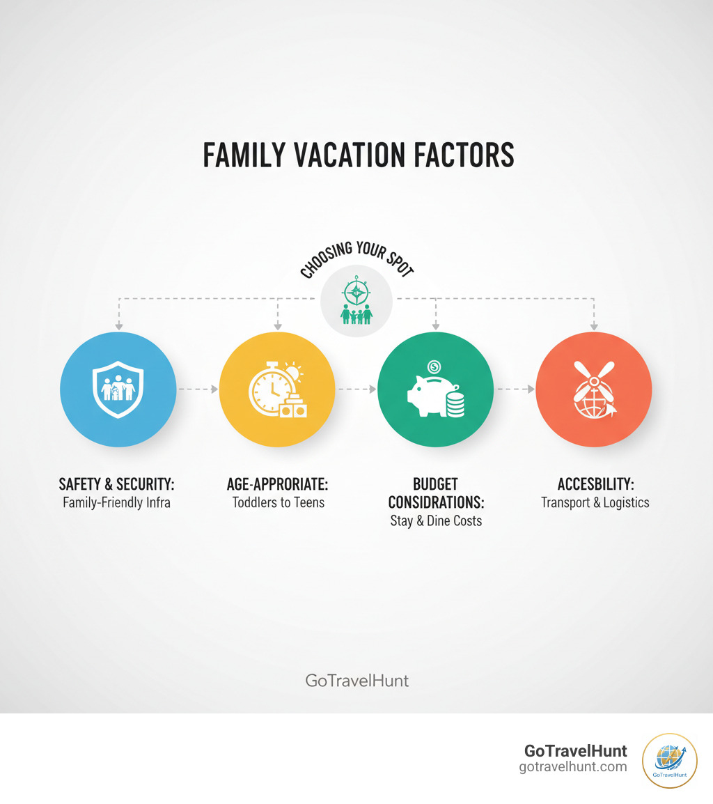 Infographic showing four key factors for choosing family vacation spots: Safety and security with family-friendly infrastructure; Age-appropriate activities from toddlers to teens; Budget considerations including accommodation and dining costs; Accessibility with convenient transportation and travel logistics - best family vacations spots infographic  Infographic showing four key factors for choosing family vacation spots: Safety and security with family-friendly infrastructure; Age-appropriate activities from toddlers to teens; Budget considerations including accommodation and dining costs; Accessibility with convenient transportation and travel logistics - best family vacations spots infographic