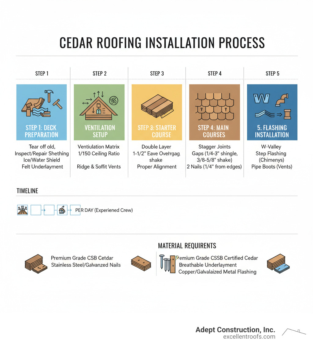 Infographic showing the complete cedar roofing installation process: Step 1 - Deck Preparation (tear off old materials, inspect and repair sheathing, install ice/water shield at eaves and valleys, apply No. 30 felt underlayment); Step 2 - Ventilation Setup (install ventilation matrix or spaced sheathing, ensure 1/150 ceiling area ratio, add ridge and soffit vents); Step 3 - Starter Course (double layer of shingles, 1-1/2 inch eave overhang, proper alignment); Step 4 - Main Courses (stagger joints minimum 1-1/2 inches, maintain 1/4-3/8 inch gaps for shingles or 3/8-5/8 inch for shakes, two corrosion-resistant nails per piece placed 3/4 inch from edges); Step 5 - Flashing Installation (W-shaped metal valley flashing, pre-formed ridge caps with double course, step flashing for chimneys, pipe boots for vents). Timeline shows 6 squares per day with experienced crew. Material requirements listed as Premium Grade CSSB certified cedar, stainless steel or galvanized nails, breathable underlayment, copper or galvanized metal flashing. - cedar roofing installation infographic 