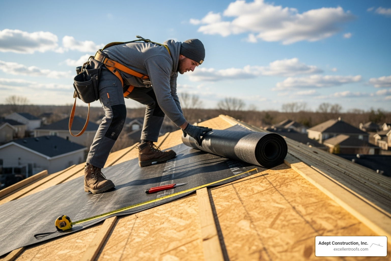 a roofer preparing the roof deck by installing underlayment - cedar roofing installation