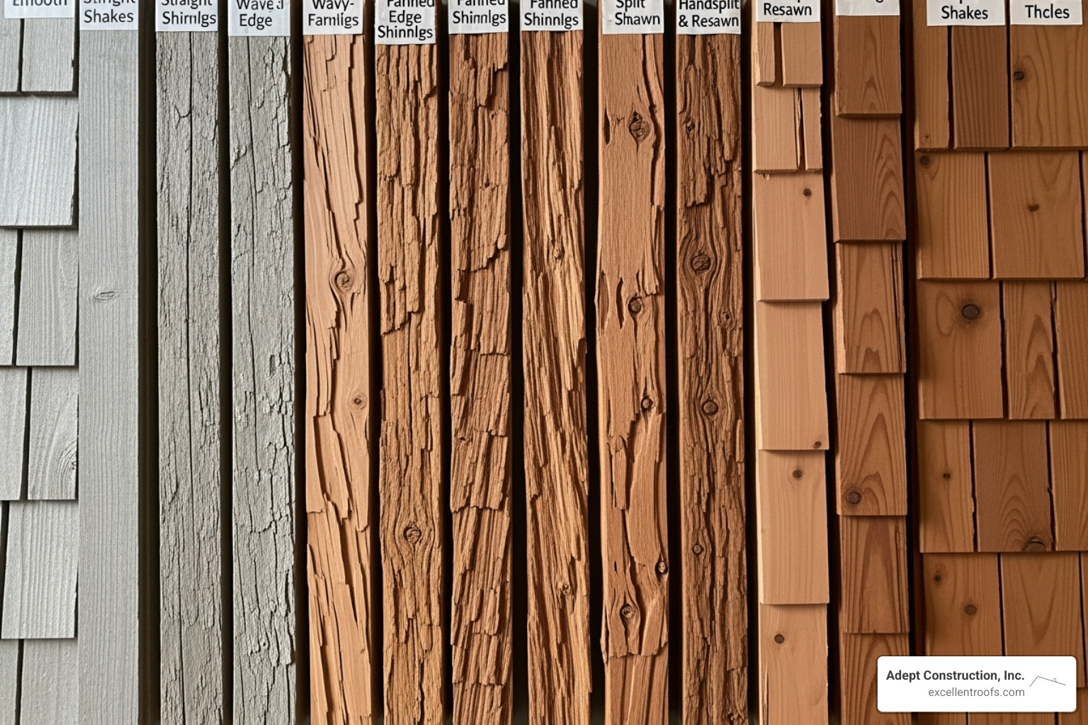 different types of cedar shakes and shingles laid out - cedar roofing installation