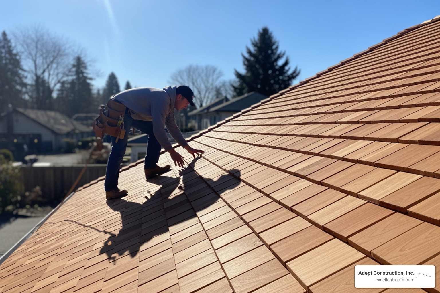 a roofer inspecting a finished cedar roof - cedar roofing installation