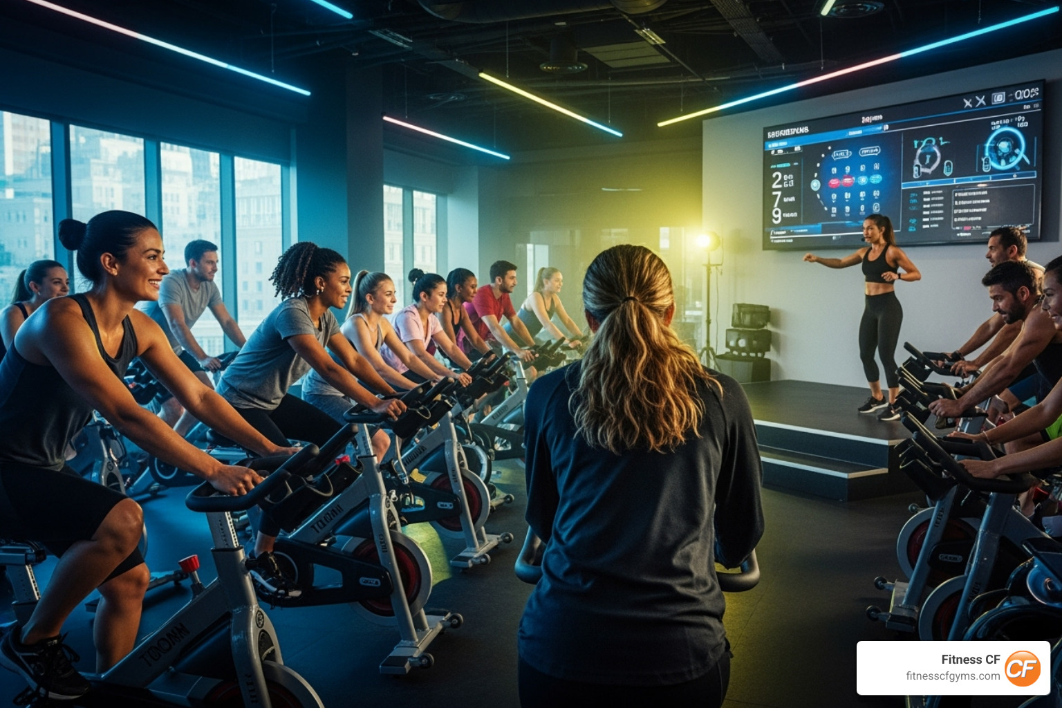 vibrant, energetic spin class with diverse participants smiling - spin classes
