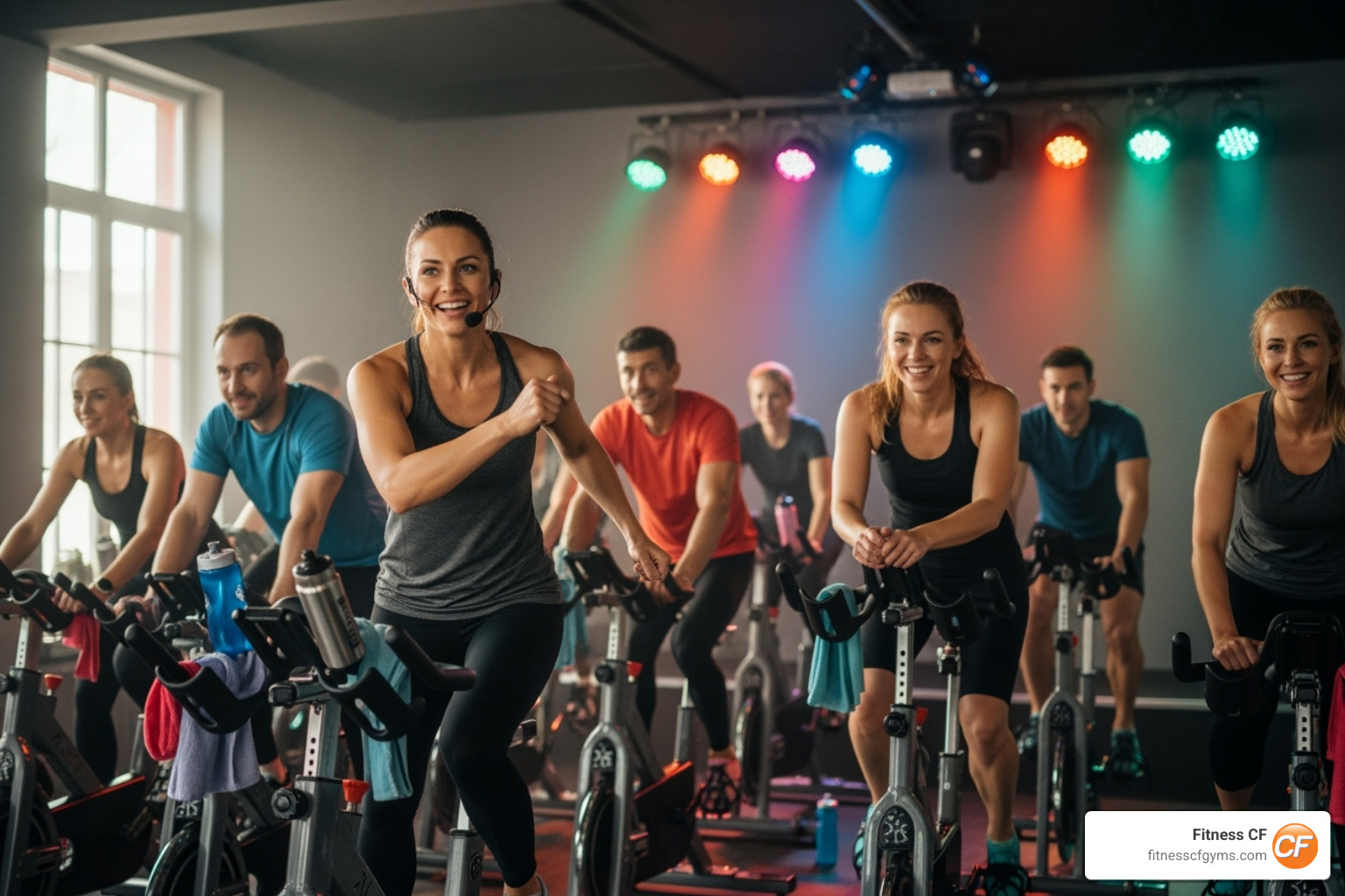 instructor leading a spin class with enthusiasm - spin classes