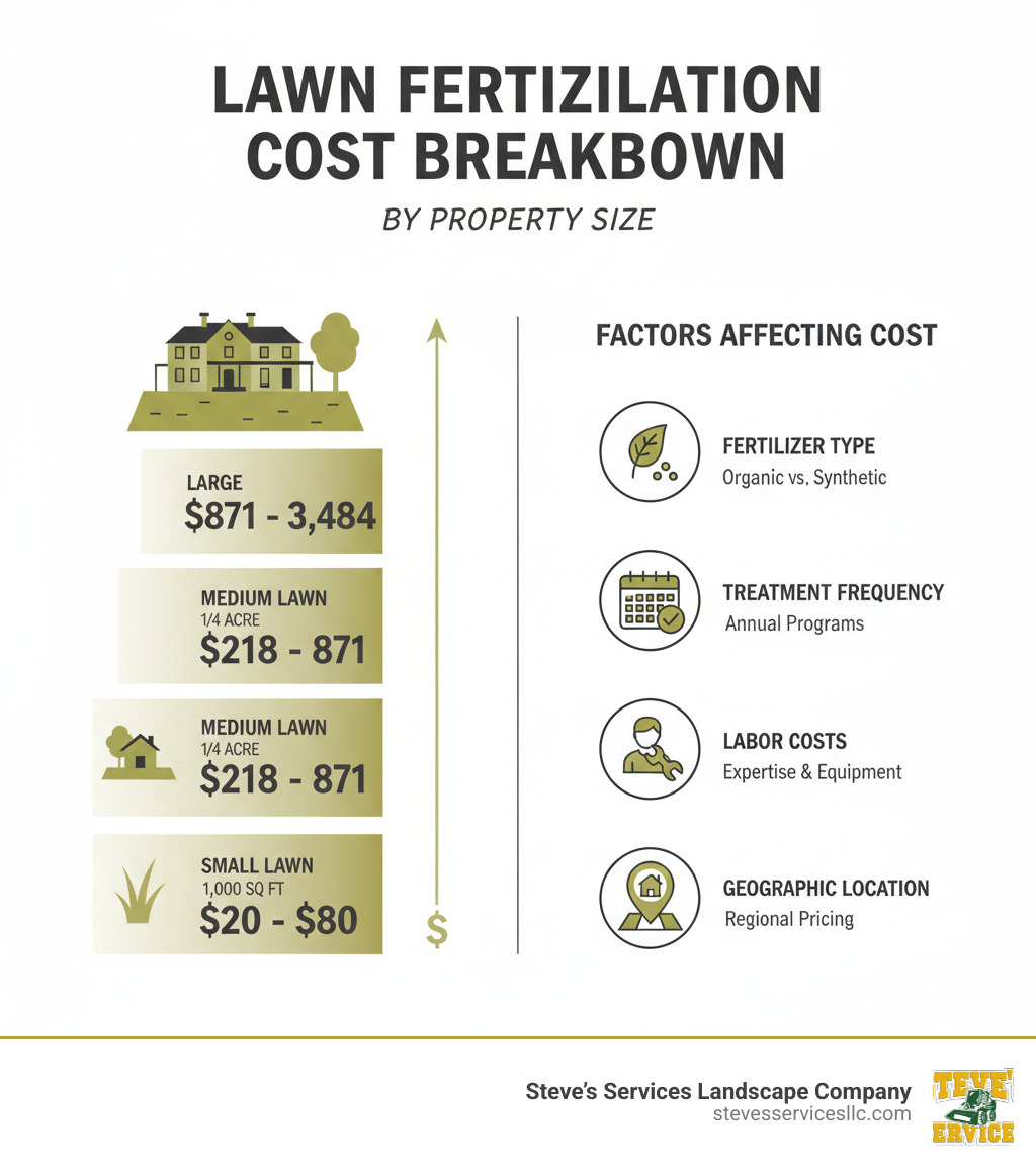 Infographic showing lawn fertilization cost breakdown by property size with pricing tiers for small (1,000 sq ft: $20-$80), medium (1/4 acre: $218-$871), and large (1 acre: $871-$3,484) lawns, plus factors affecting cost including fertilizer type, treatment frequency, labor costs, and geographic location - lawn fertilizer service cost infographic Infographic showing lawn fertilization cost breakdown by property size with pricing tiers for small (1,000 sq ft: $20-$80), medium (1/4 acre: $218-$871), and large (1 acre: $871-$3,484) lawns, plus factors affecting cost including fertilizer type, treatment frequency, labor costs, and geographic location - lawn fertilizer service cost infographic