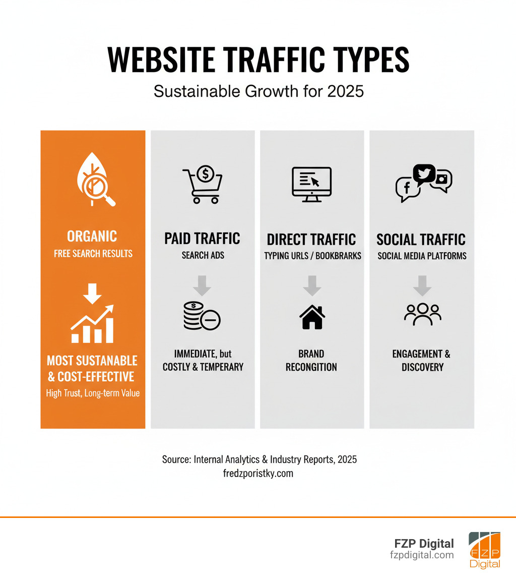 infographic showing the difference between organic traffic from free search results, paid traffic from ads, direct traffic from typing urls, and social traffic from social media platforms, with organic traffic highlighted as the most sustainable and cost-effective - Organic traffic growth infographic 