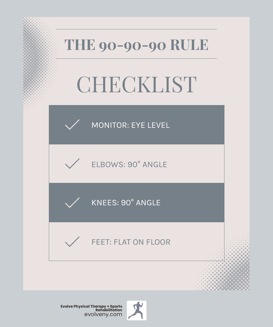 Infographic showing the 90-90-90 ergonomic rule: monitor positioned at eye level directly in front of user, elbows bent at 90 degrees with forearms horizontal, knees bent at 90 degrees with thighs parallel to floor, and feet flat on floor or footrest, with labels pointing to each key ergonomic touchpoint - computer sitting ergonomics infographic checklist-light-blue-grey Infographic showing the 90-90-90 ergonomic rule: monitor positioned at eye level directly in front of user, elbows bent at 90 degrees with forearms horizontal, knees bent at 90 degrees with thighs parallel to floor, and feet flat on floor or footrest, with labels pointing to each key ergonomic touchpoint - computer sitting ergonomics infographic checklist-light-blue-grey