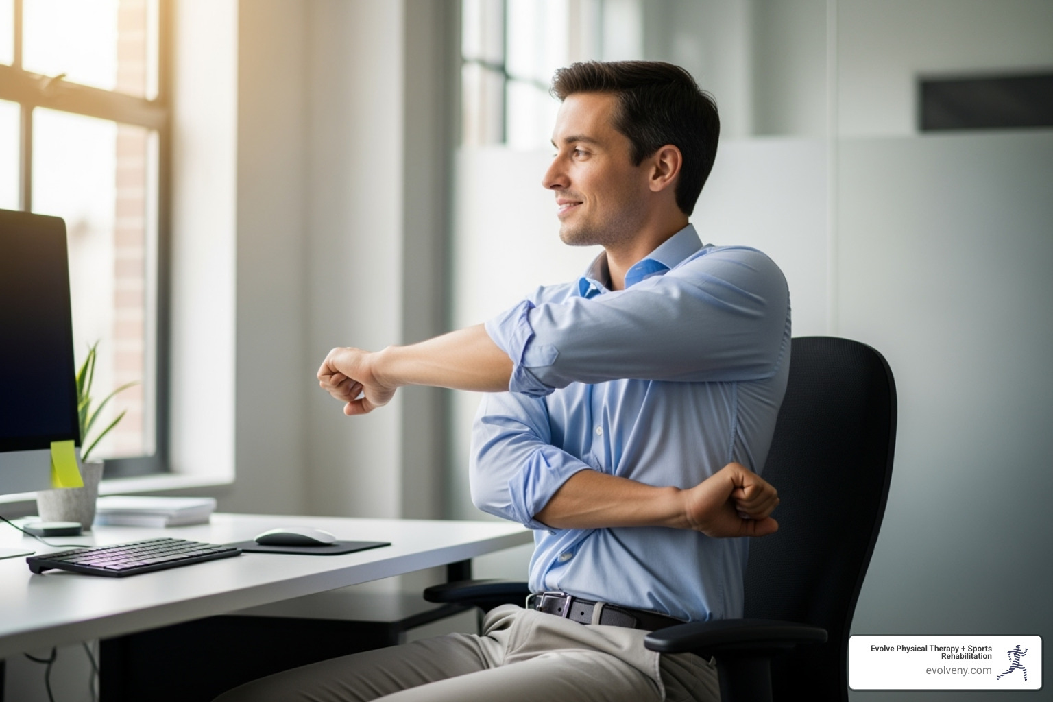 A person performing a simple desk stretch, gently twisting their torso while seated, demonstrating easy movement for tension relief. - computer sitting ergonomics A person performing a simple desk stretch, gently twisting their torso while seated, demonstrating easy movement for tension relief. - computer sitting ergonomics