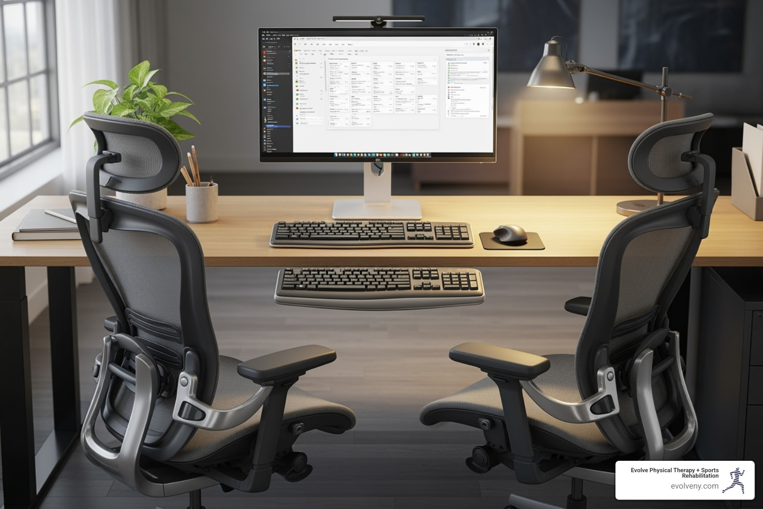 A complete, ideal ergonomic workstation setup showing a monitor at eye level, external keyboard and mouse, a comfortable chair, and proper lighting. - computer sitting ergonomics A complete, ideal ergonomic workstation setup showing a monitor at eye level, external keyboard and mouse, a comfortable chair, and proper lighting. - computer sitting ergonomics