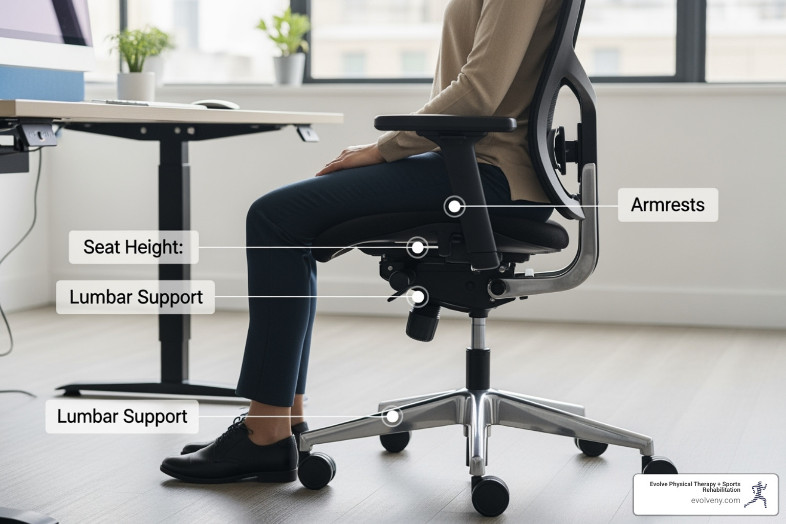 A person sitting in an ergonomic office chair, with arrows pointing to adjustable features like seat height, backrest lumbar support, and armrests. Feet are flat on the floor, and knees are at a 90-degree angle. - computer sitting ergonomics A person sitting in an ergonomic office chair, with arrows pointing to adjustable features like seat height, backrest lumbar support, and armrests. Feet are flat on the floor, and knees are at a 90-degree angle. - computer sitting ergonomics