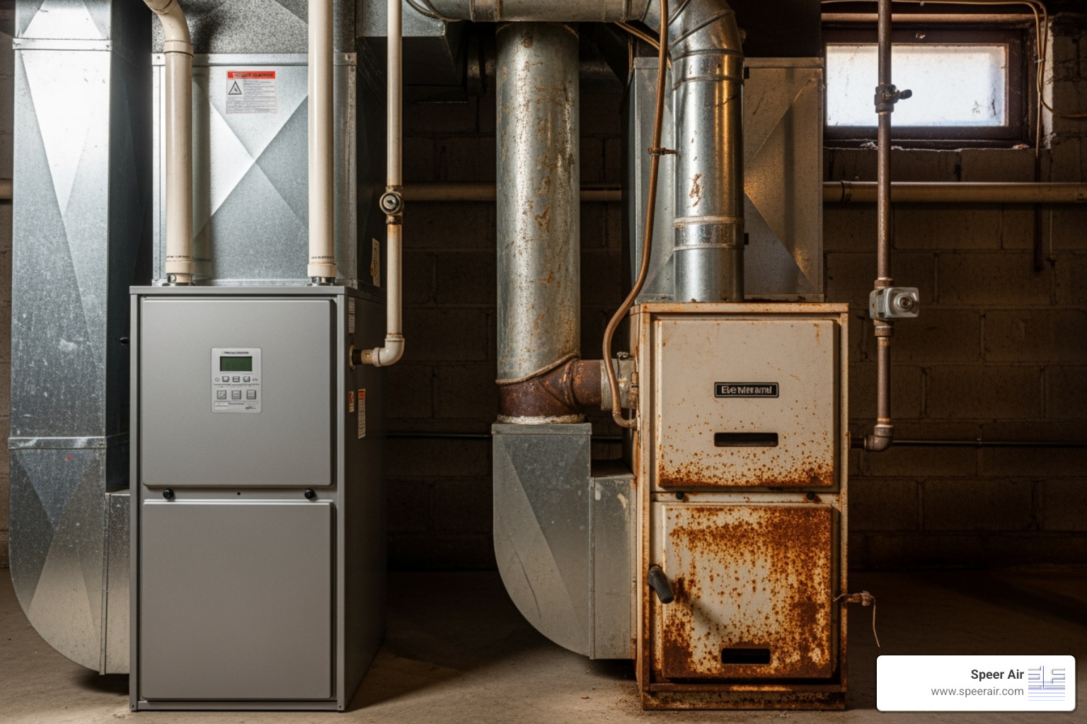 Image of a new, efficient furnace next to an old, rusty one - heating repair denville Image of a new, efficient furnace next to an old, rusty one - heating repair denville