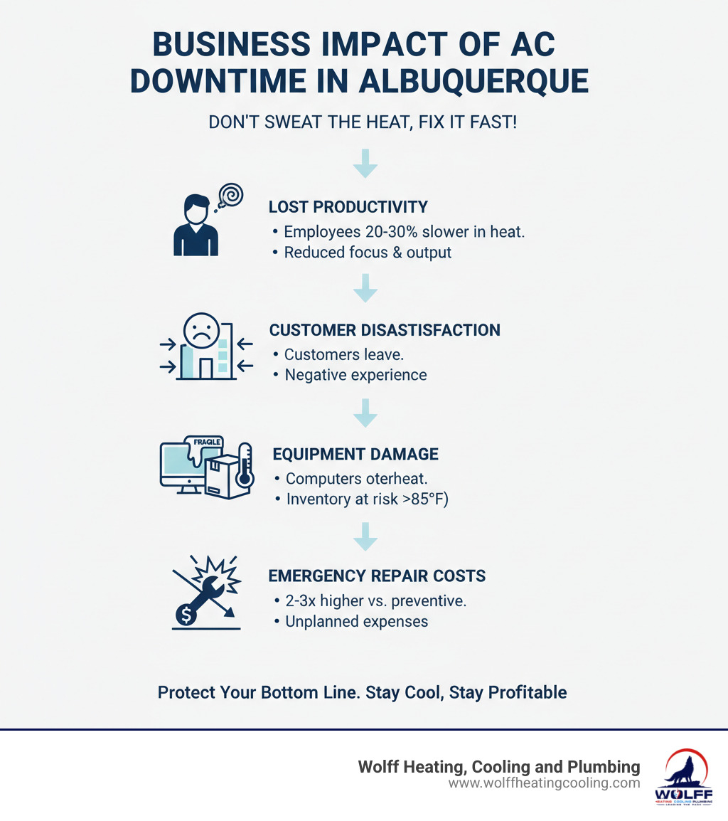 Infographic showing the business impact of commercial AC downtime in Albuquerque: lost productivity (employees work 20-30% slower in hot conditions), customer dissatisfaction (customers leave businesses that are too hot), equipment damage (computers and inventory at risk above 85°F), revenue loss (average $5,000+ per day for small businesses), and emergency repair costs (2-3x higher than preventive maintenance) - commercial ac repair albuquerque nm infographic 