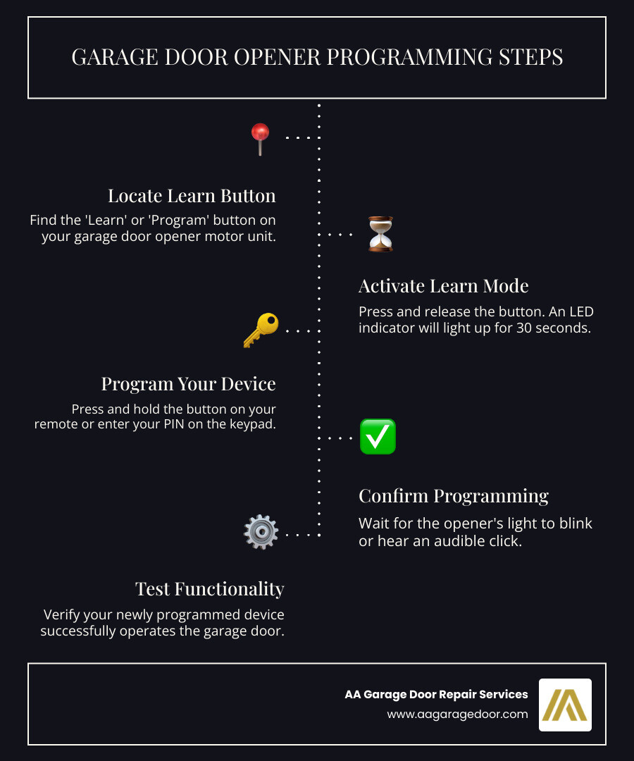infographic showing garage door opener programming steps: 1. Find Learn button on motor unit, 2. Press and release Learn button (30-second window starts), 3. Press remote button or enter keypad PIN, 4. Wait for confirmation light/click, 5. Test the device - garage door opener programming infographic infographic-line-5-steps-dark infographic showing garage door opener programming steps: 1. Find Learn button on motor unit, 2. Press and release Learn button (30-second window starts), 3. Press remote button or enter keypad PIN, 4. Wait for confirmation light/click, 5. Test the device - garage door opener programming infographic infographic-line-5-steps-dark
