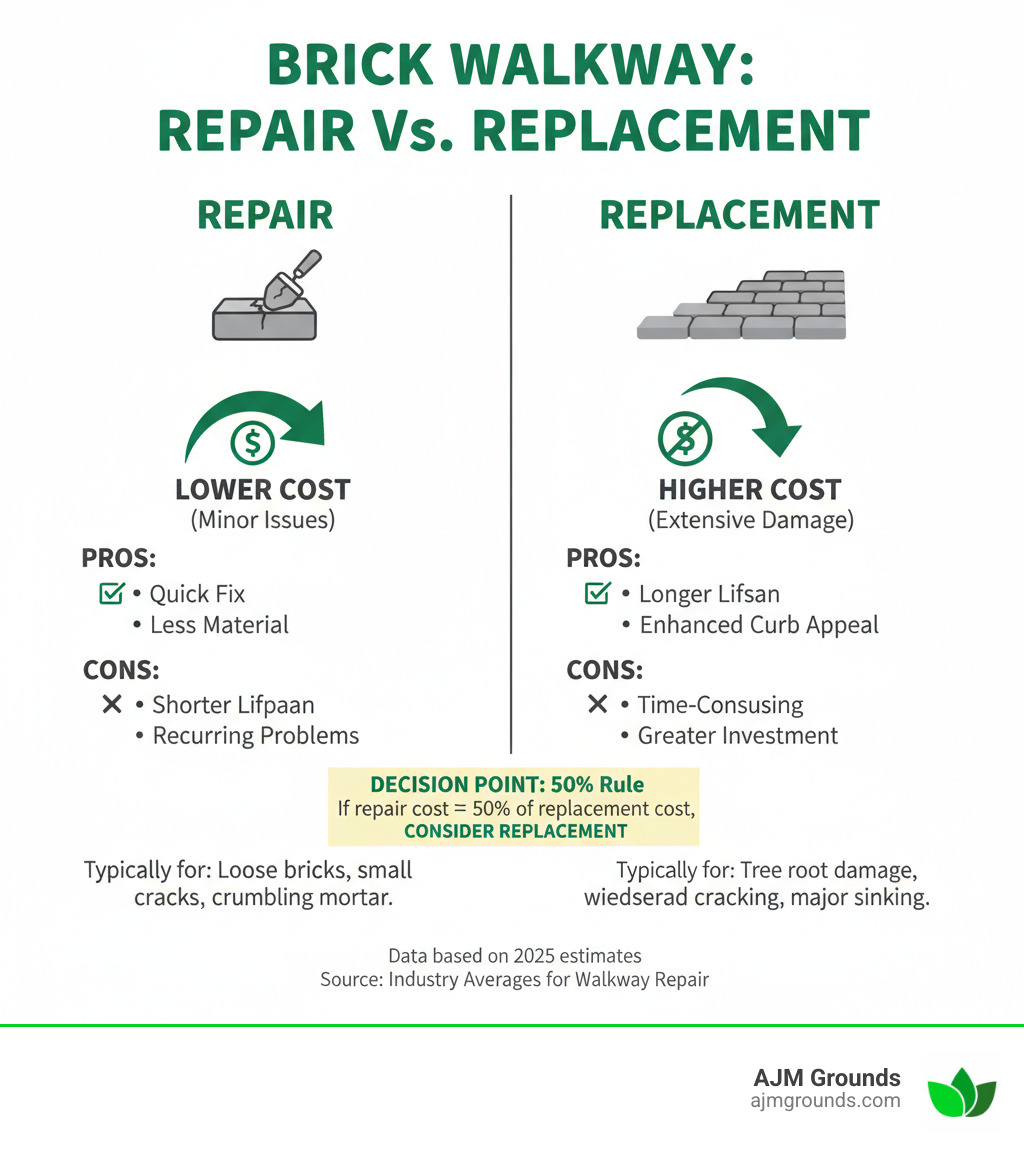 Infographic comparing brick walkway repair vs. replacement costs, pros, and cons, showing repair as typically lower cost for minor issues and replacement as higher cost but longer-lasting for extensive damage - Brick walkway repair cost infographic 