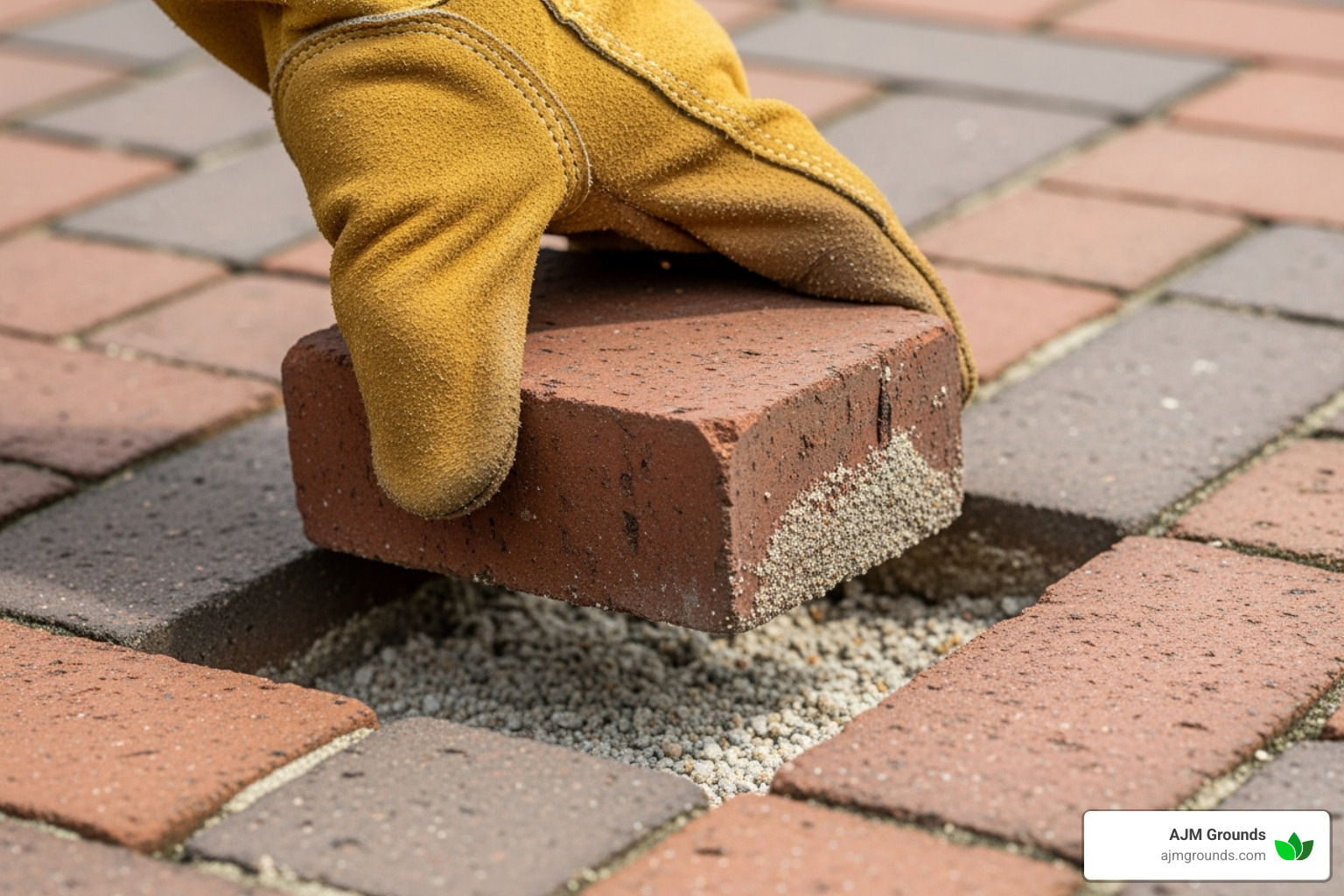 close-up on a sunken brick being lifted and reset - Brick walkway repair cost