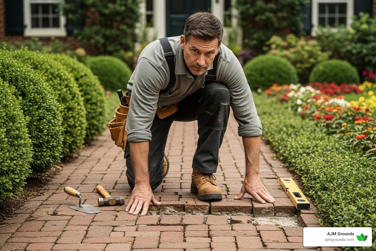 professional mason examining damaged brick path - Brick walkway repair cost