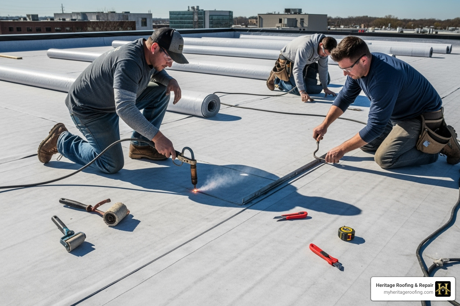 A professional roofing crew heat-welding the seams on a new TPO flat roof, ensuring a watertight seal. - flat roof replacement A professional roofing crew heat-welding the seams on a new TPO flat roof, ensuring a watertight seal. - flat roof replacement