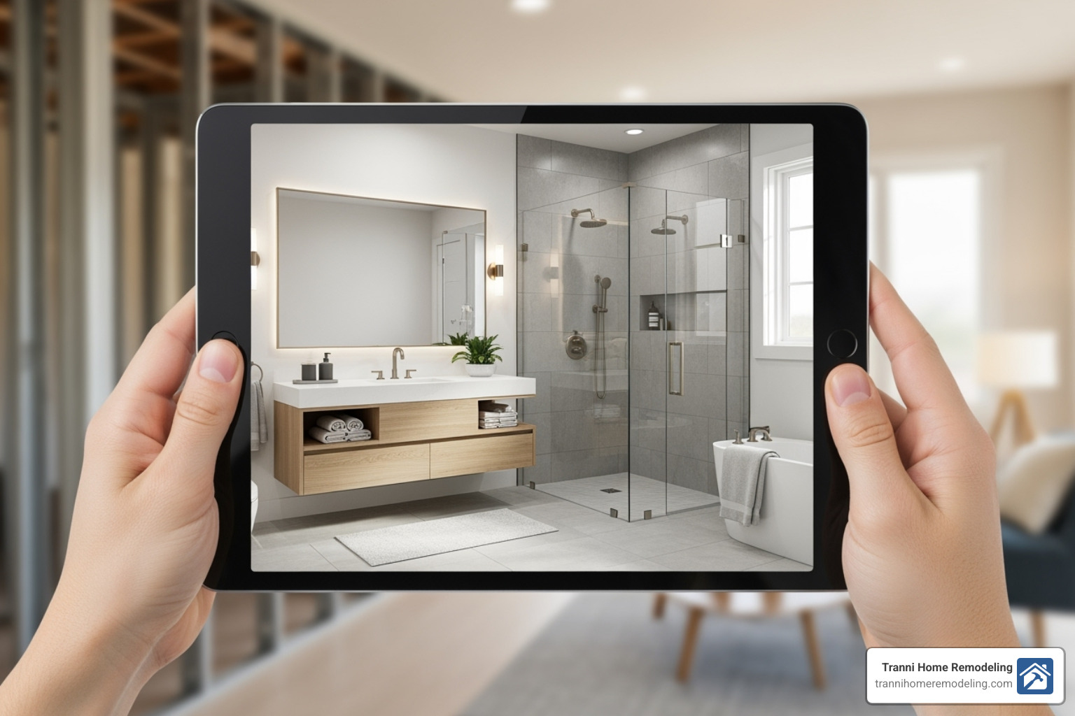 3D bathroom design rendering on a tablet - bath renovation companies 3D bathroom design rendering on a tablet - bath renovation companies