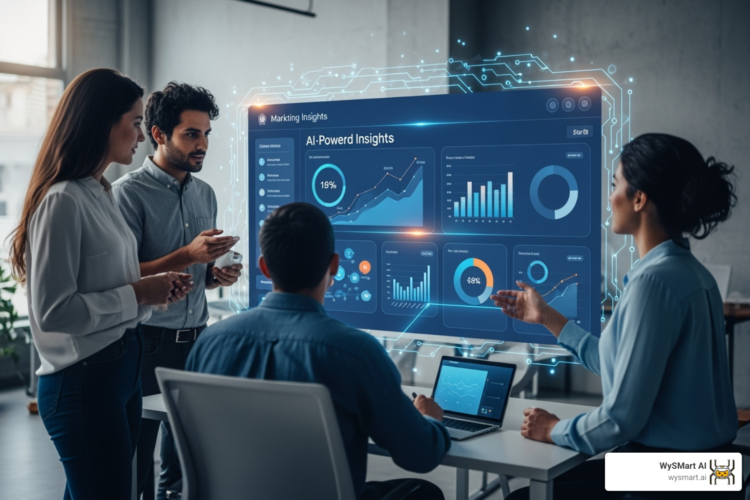 A marketing team collaborating around a dashboard showing WySMart AI insights with data visualizations - AI-powered lead generation A marketing team collaborating around a dashboard showing WySMart AI insights with data visualizations - AI-powered lead generation