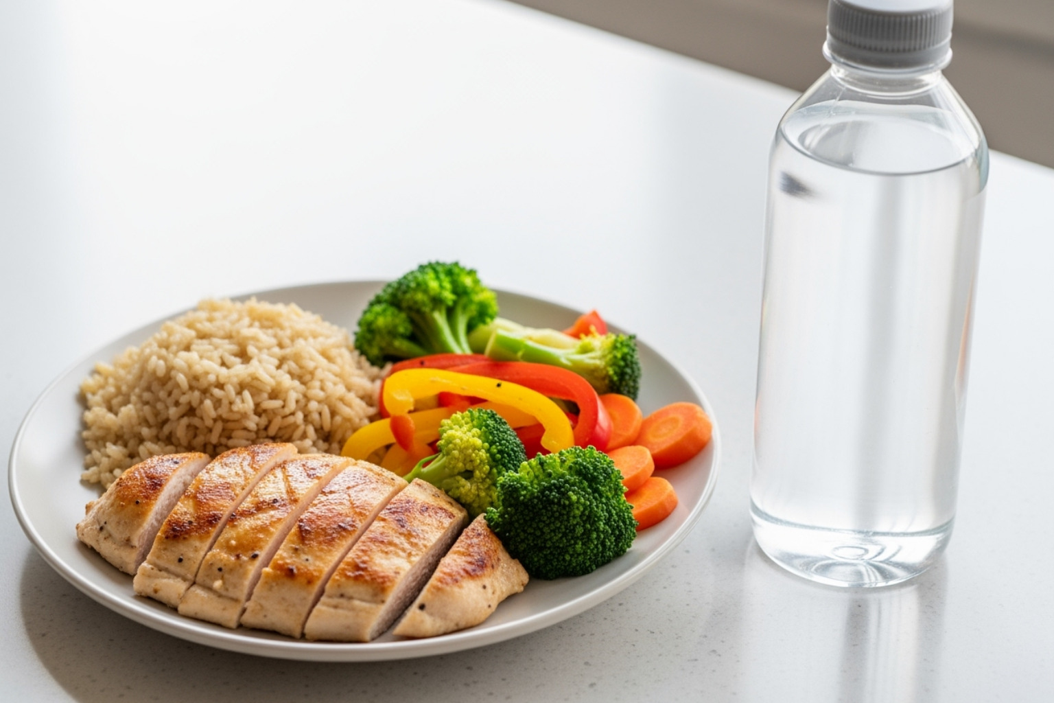 well-balanced meal with lean protein, complex carbs, and colorful vegetables next to a water bottle - Muscle Recovery