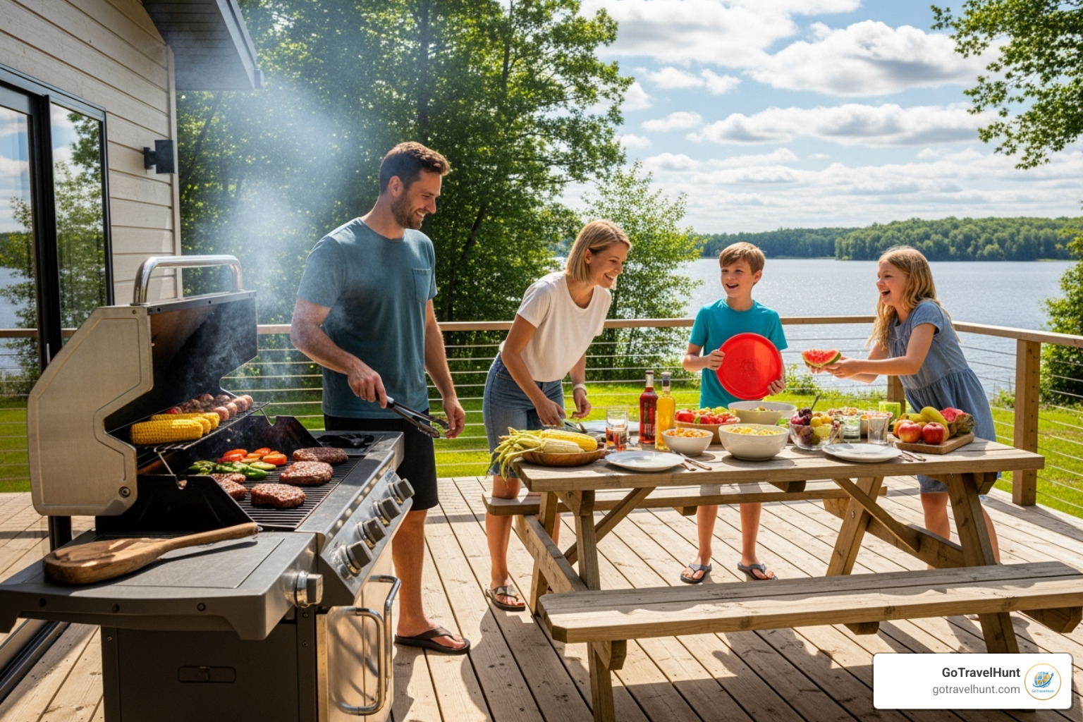 Family enjoying BBQ on vacation rental deck - vacation houses for rent panama city beach fl Family enjoying BBQ on vacation rental deck - vacation houses for rent panama city beach fl