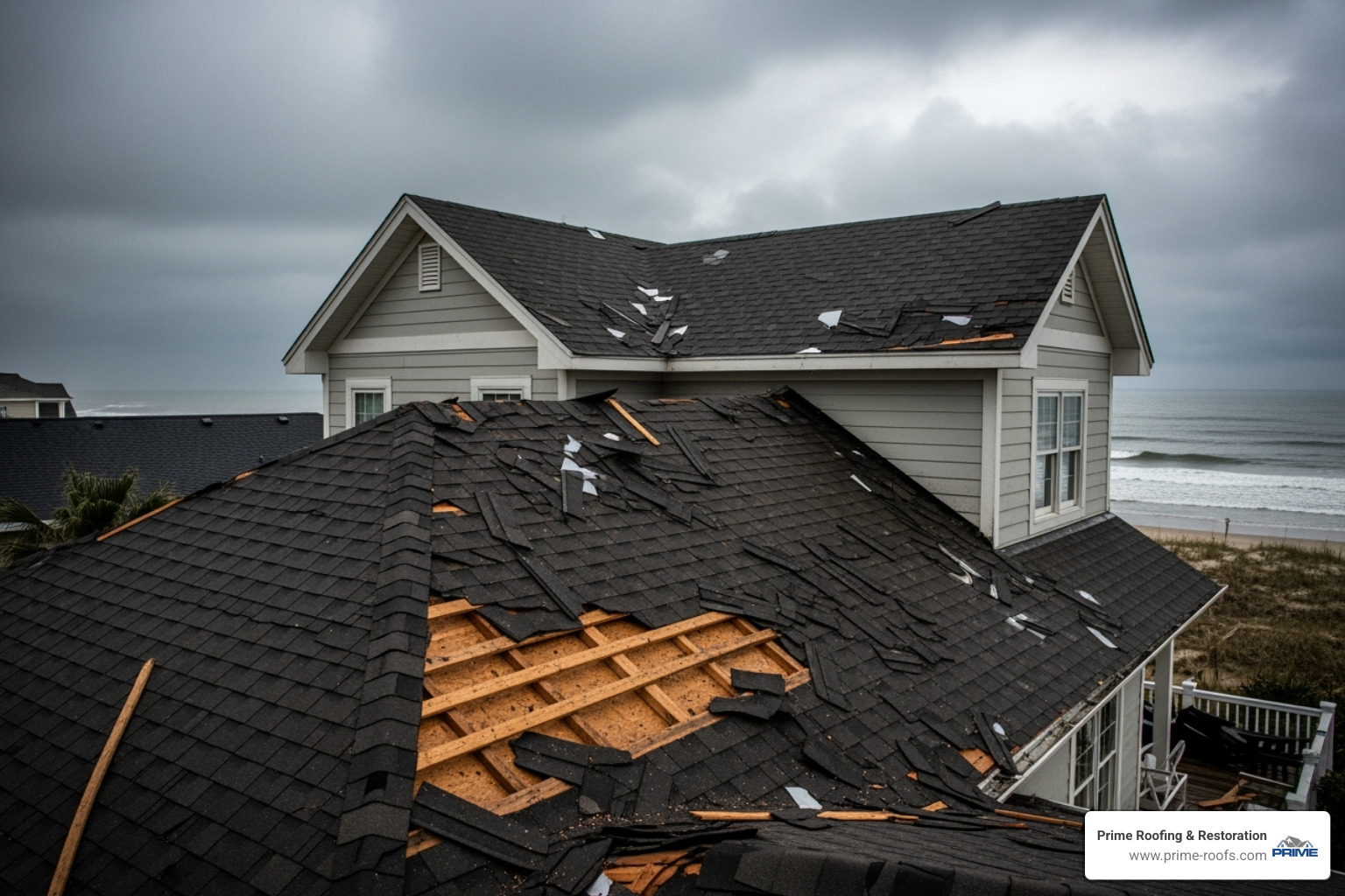 damaged shingles on a coastal home's roof after a storm - Roof leak detection Orange