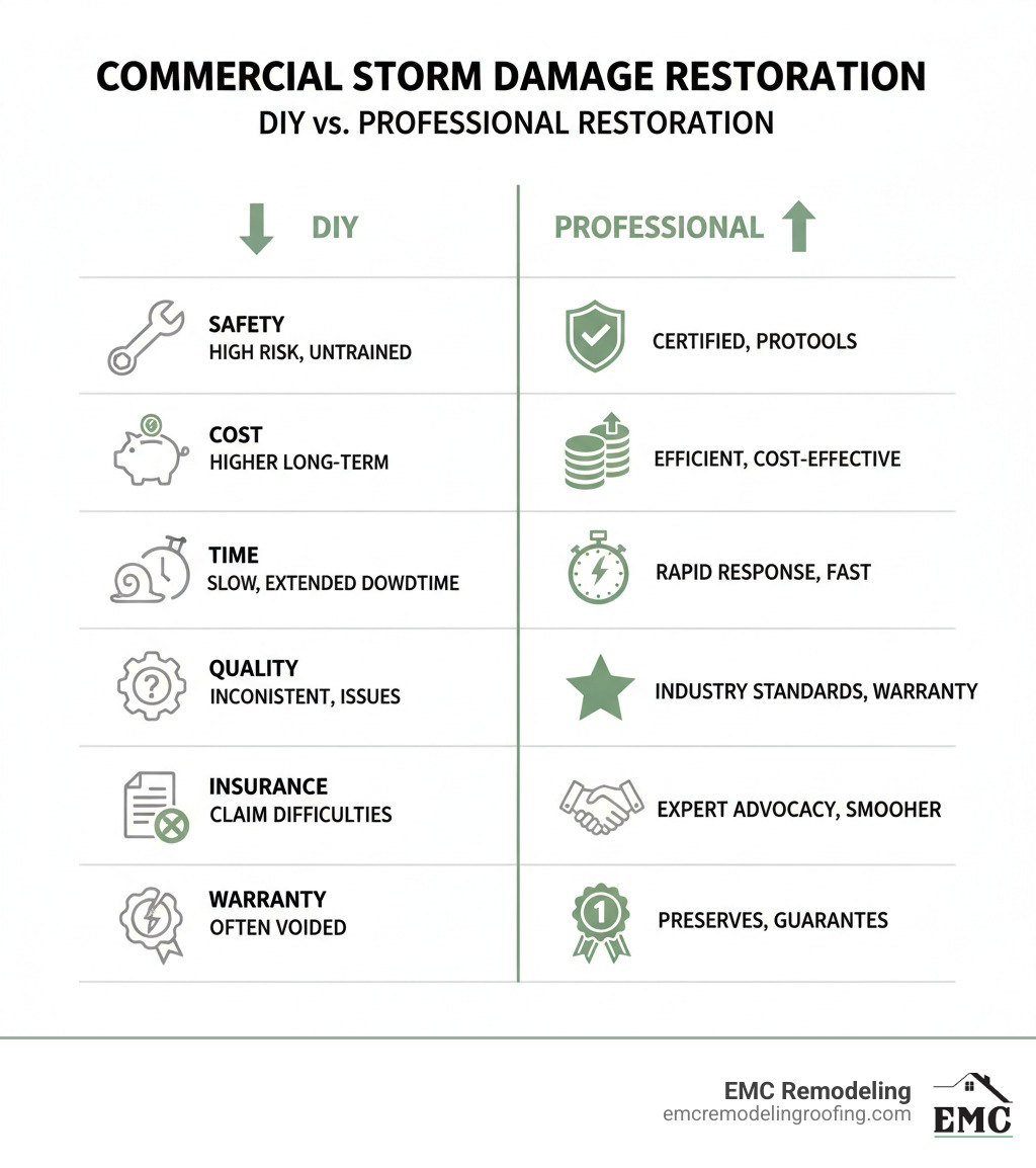 table comparing DIY vs Professional Restoration - commercial storm damage restoration infographic  table comparing DIY vs Professional Restoration - commercial storm damage restoration infographic