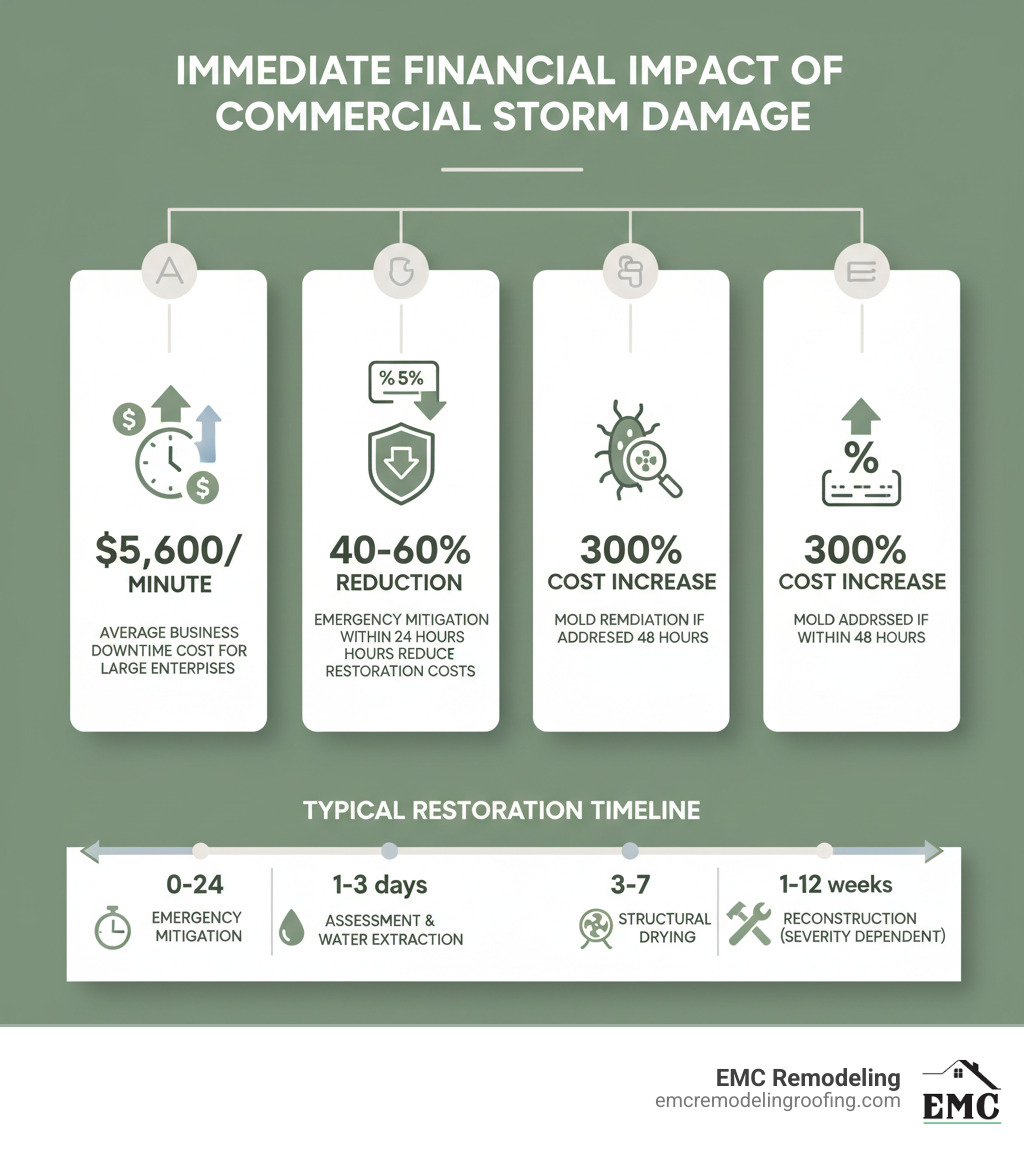 Infographic showing the immediate financial impact of commercial storm damage: Average business downtime costs $5,600 per minute for large enterprises, emergency mitigation within 24 hours reduces total restoration costs by 40-60%, mold remediation costs increase by 300% if not addressed within 48 hours, typical storm damage restoration timeline shows 0-24 hours for emergency mitigation, 1-3 days for assessment and water extraction, 3-7 days for structural drying, and 1-12 weeks for reconstruction depending on severity - commercial storm damage restoration infographic  Infographic showing the immediate financial impact of commercial storm damage: Average business downtime costs $5,600 per minute for large enterprises, emergency mitigation within 24 hours reduces total restoration costs by 40-60%, mold remediation costs increase by 300% if not addressed within 48 hours, typical storm damage restoration timeline shows 0-24 hours for emergency mitigation, 1-3 days for assessment and water extraction, 3-7 days for structural drying, and 1-12 weeks for reconstruction depending on severity - commercial storm damage restoration infographic