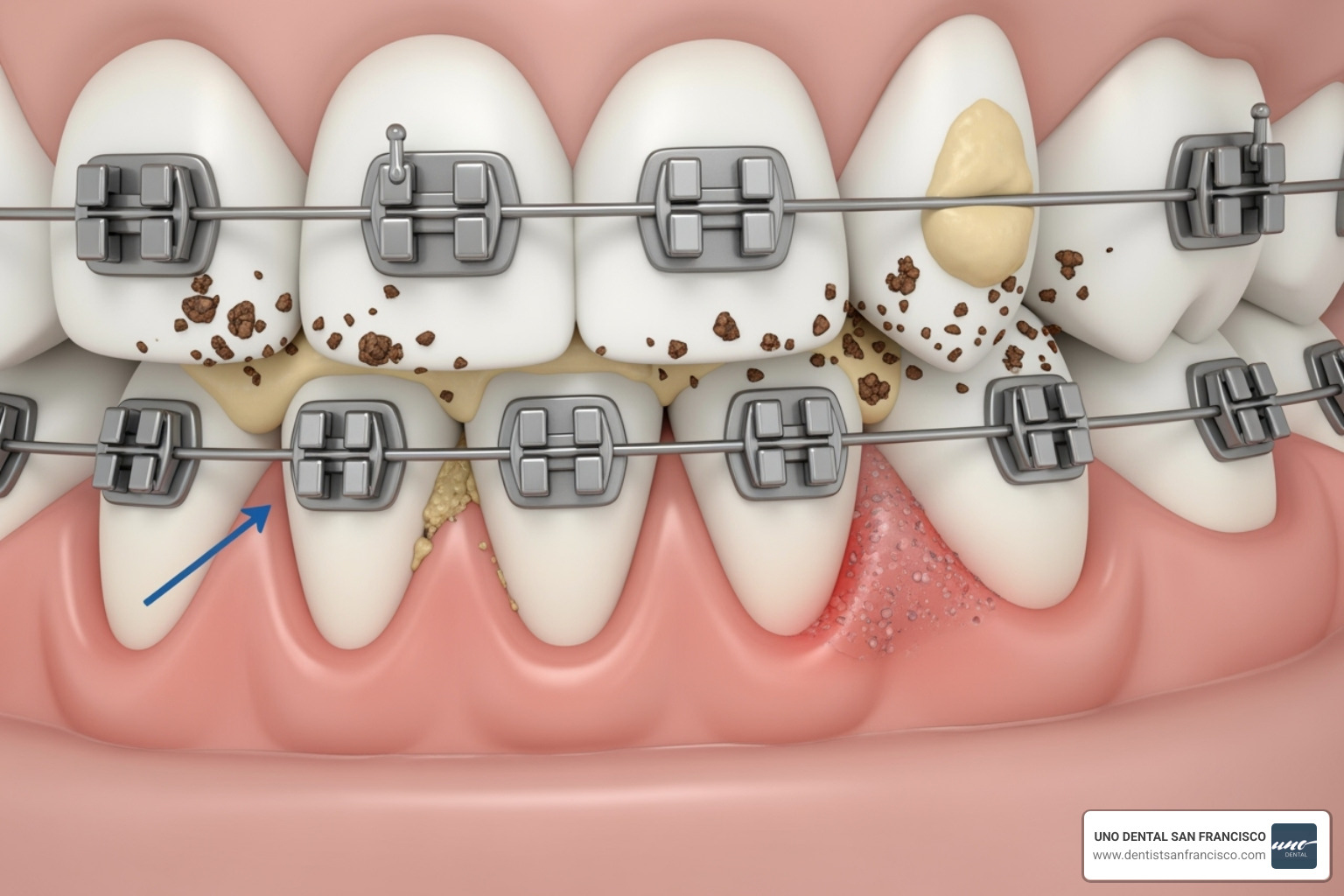 A diagram illustrating how plaque and food debris can easily accumulate around the brackets and wires of orthodontic braces, making it difficult to clean and leading to gum inflammation - Gum treatment after braces
