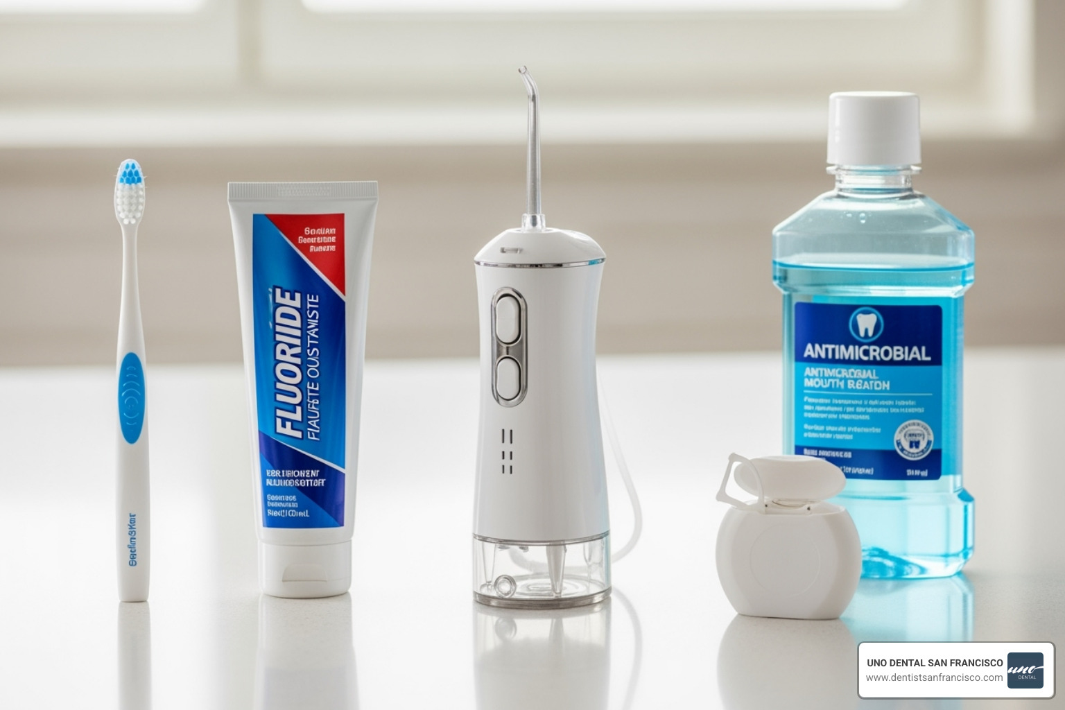 A neatly organized oral hygiene kit laid out on a clean surface, featuring a soft-bristled toothbrush, a tube of fluoride toothpaste, a compact water flosser, a bottle of antimicrobial mouthwash, and a small container of dental floss - Gum treatment after braces