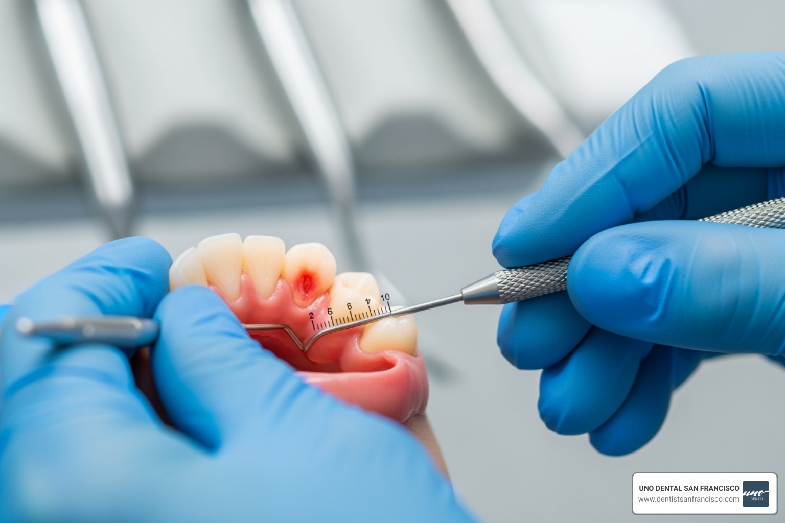 A close-up image of a dentist's hands gently using a periodontal probe to measure gum pockets and examine the health of a patient's gums during a dental check-up - Gum treatment after braces