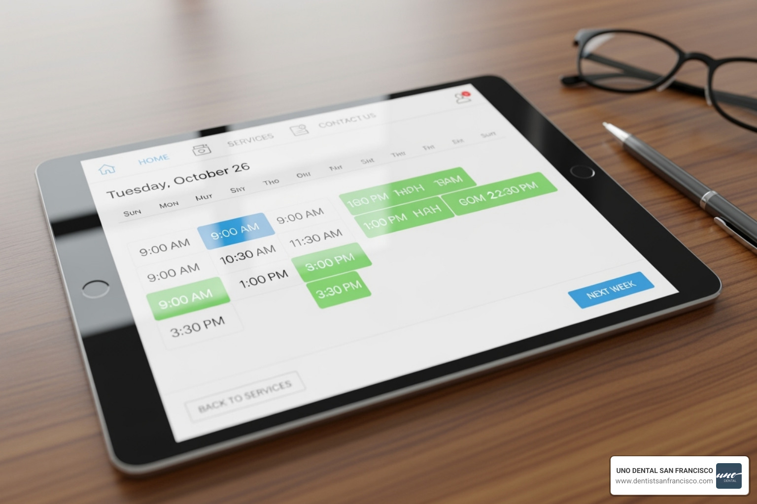 A clean, user-friendly online scheduling interface displayed on a tablet, showing available appointment slots and clear navigation - online scheduling for dentists