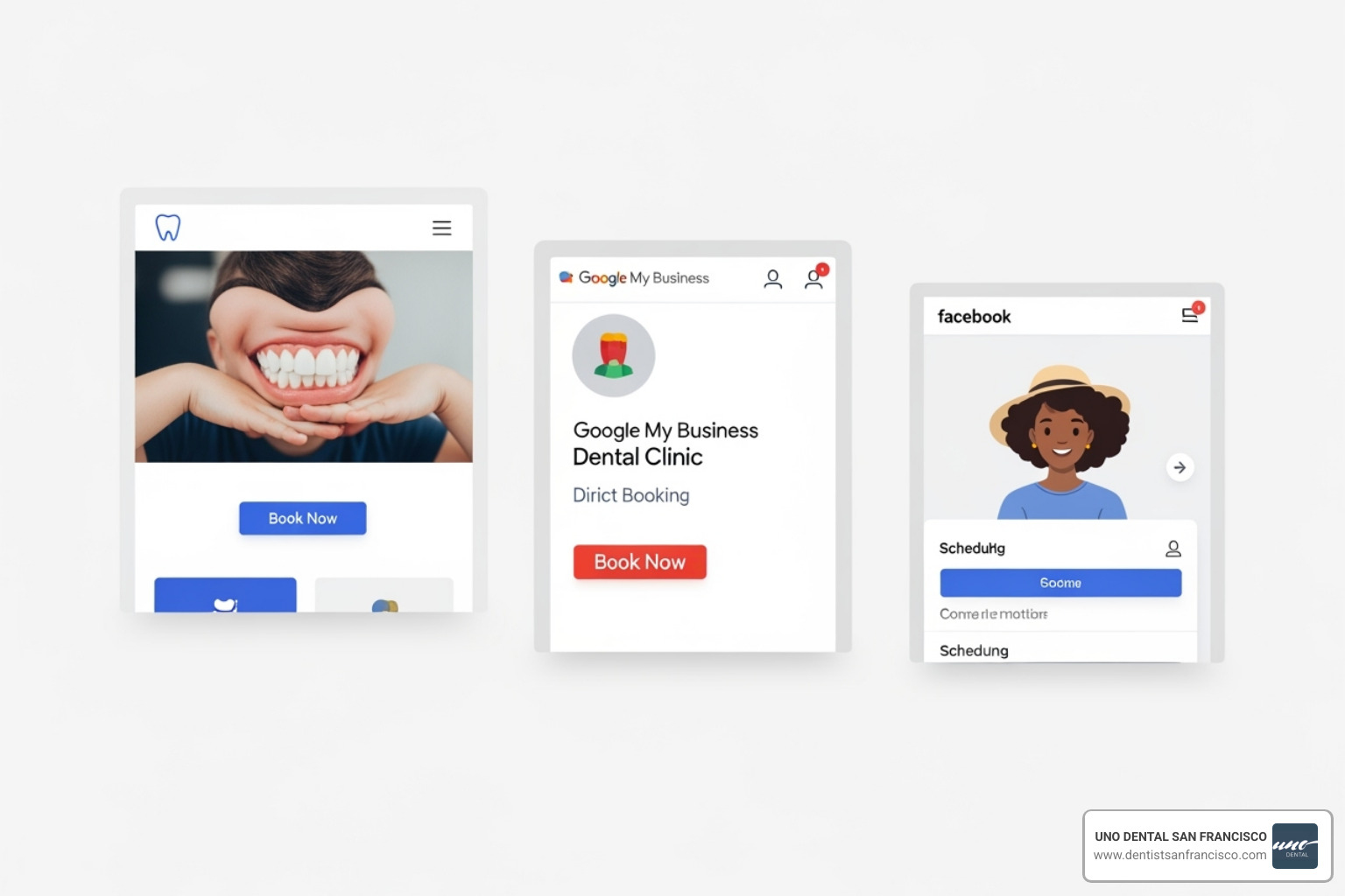A graphic showing a "Book Now" button prominently displayed on a dental practice's website homepage, a Google My Business profile with a direct booking link, and a social media page (e.g., Facebook) with an integrated scheduling option. - online scheduling for dentists