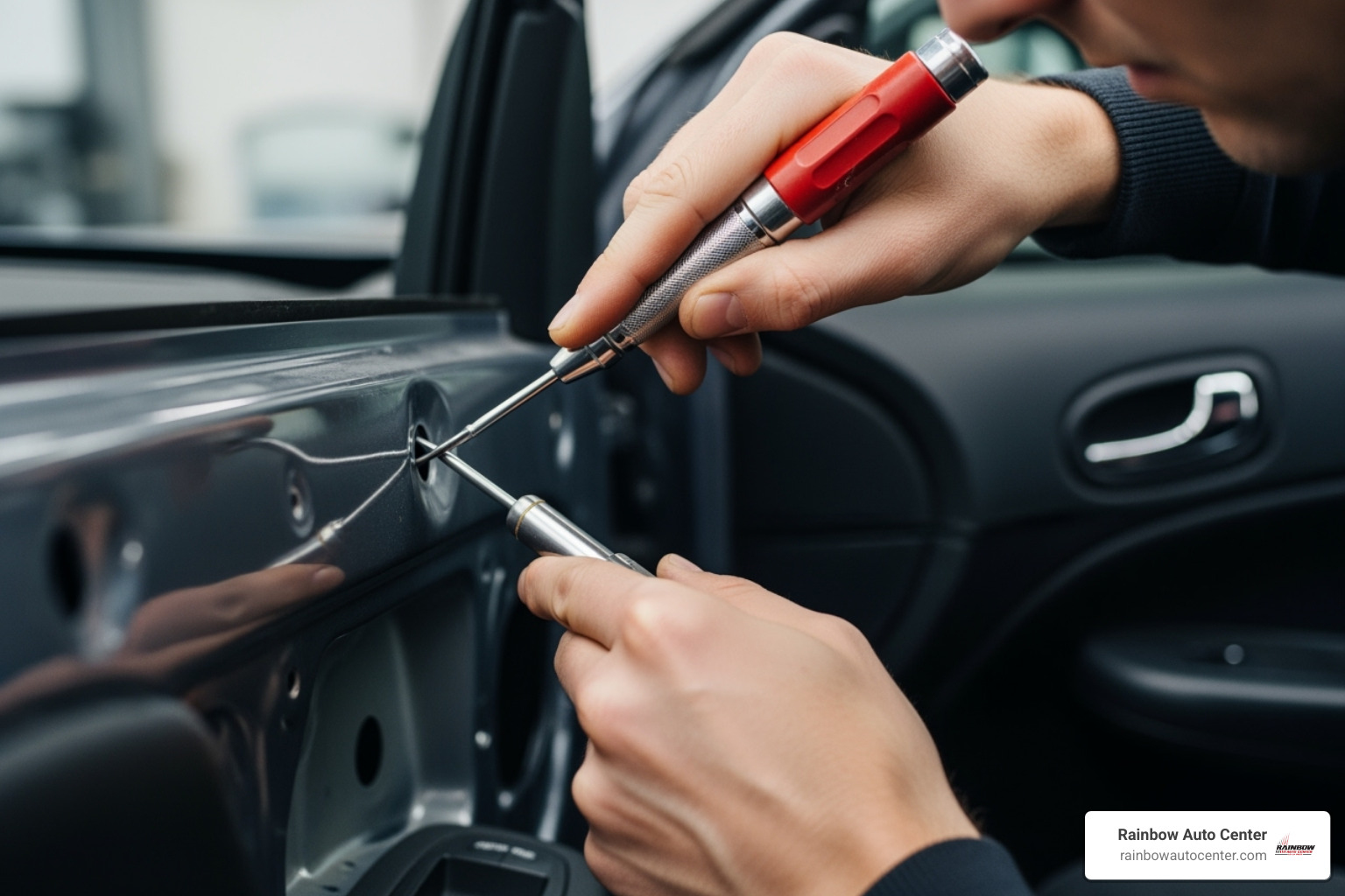 technician performing Paintless Dent Repair (PDR) on a car door - auto body repair painting