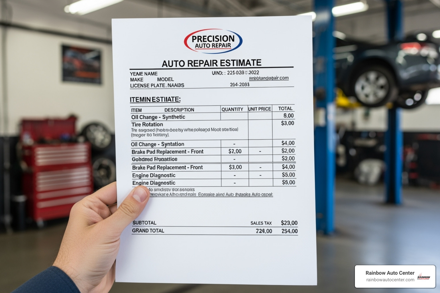 itemized auto repair estimate from Rainbow Auto Center - auto body repair painting