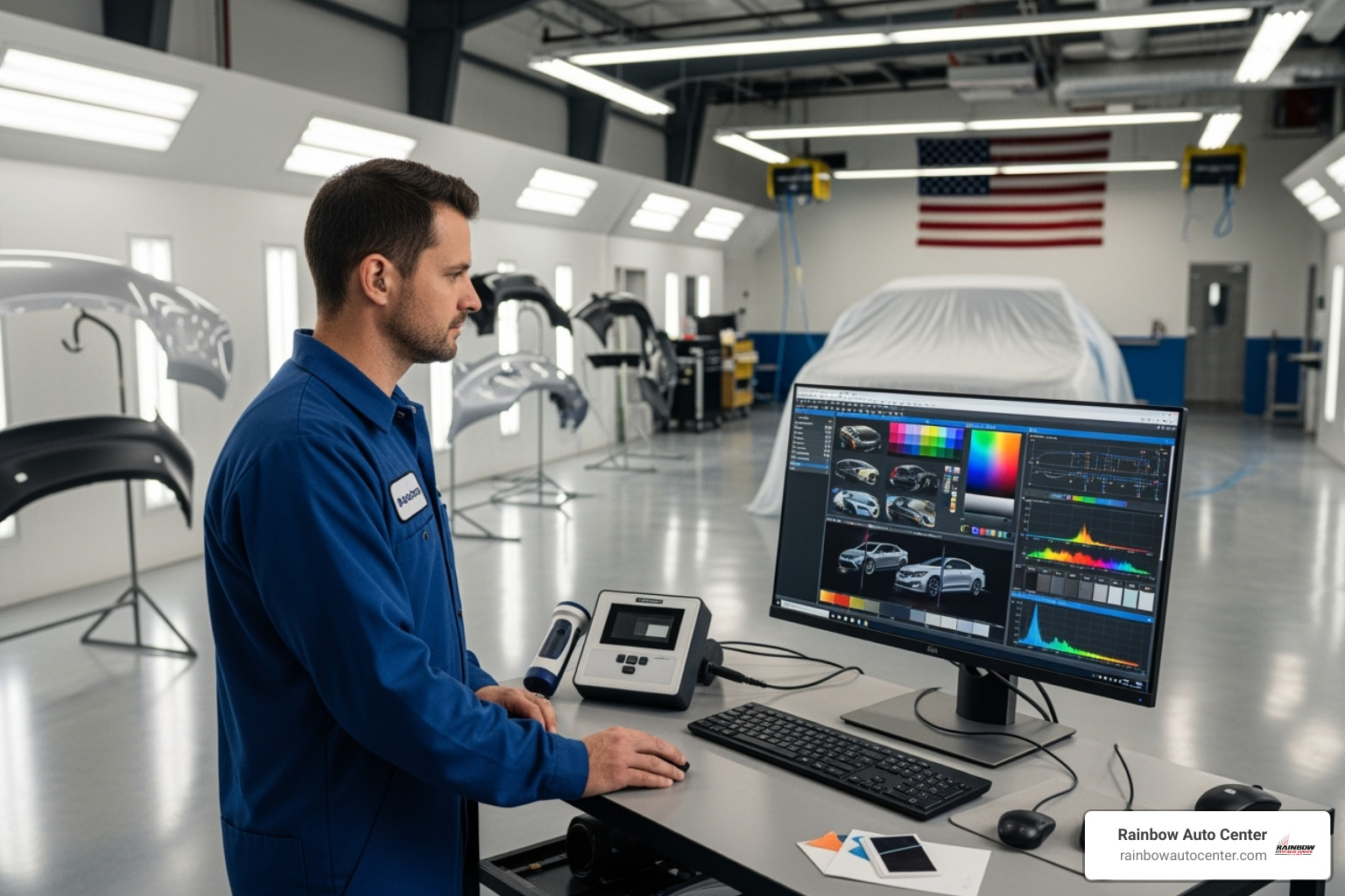 technician using a paint-matching computer system in a clean auto body shop - auto body repair painting