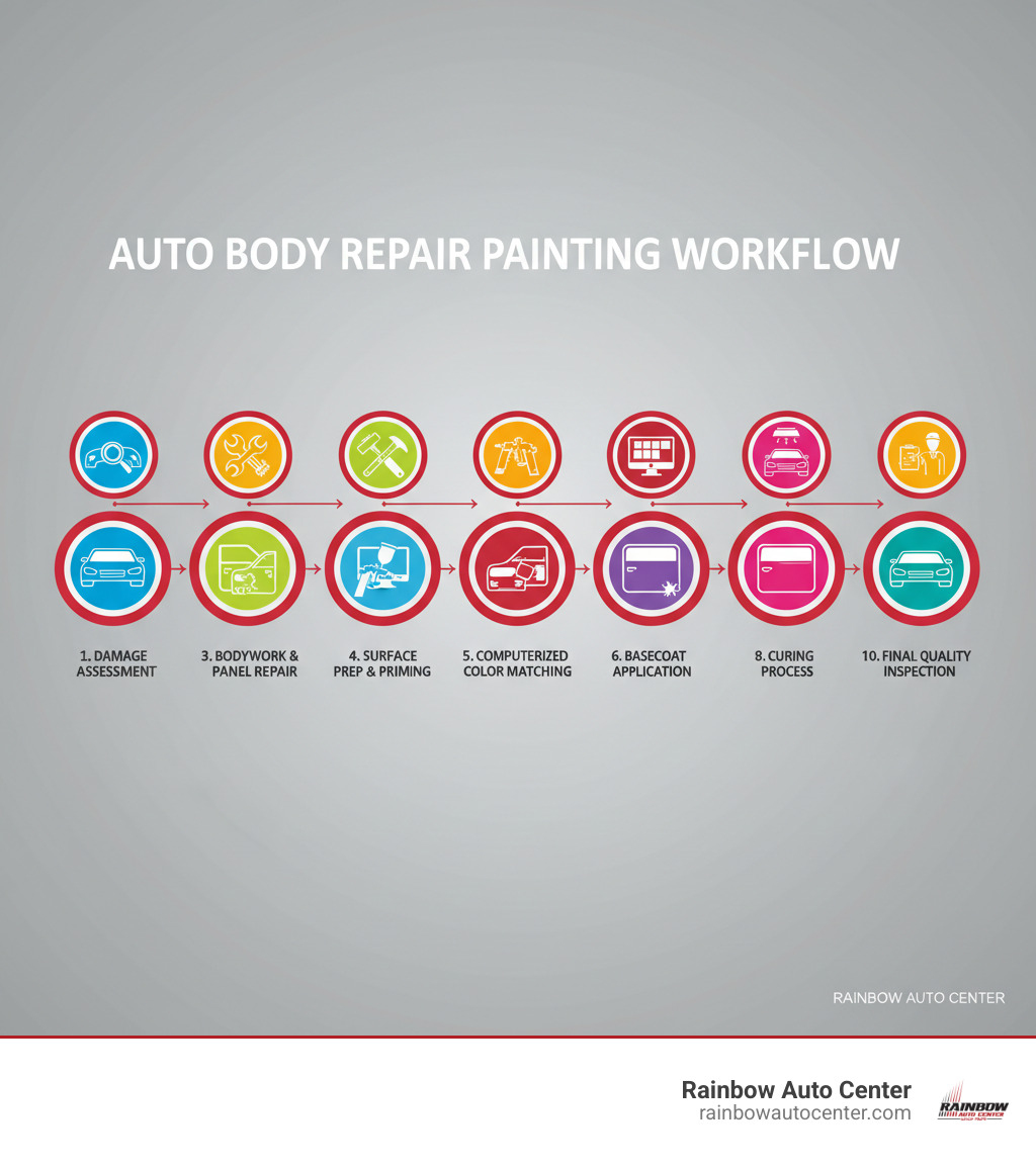 Infographic showing the complete auto body repair painting workflow from initial damage assessment through disassembly, bodywork and panel repair, surface preparation and priming, computerized color matching, basecoat application, clear coat finishing, curing process, reassembly, and final quality inspection - auto body repair painting infographic 