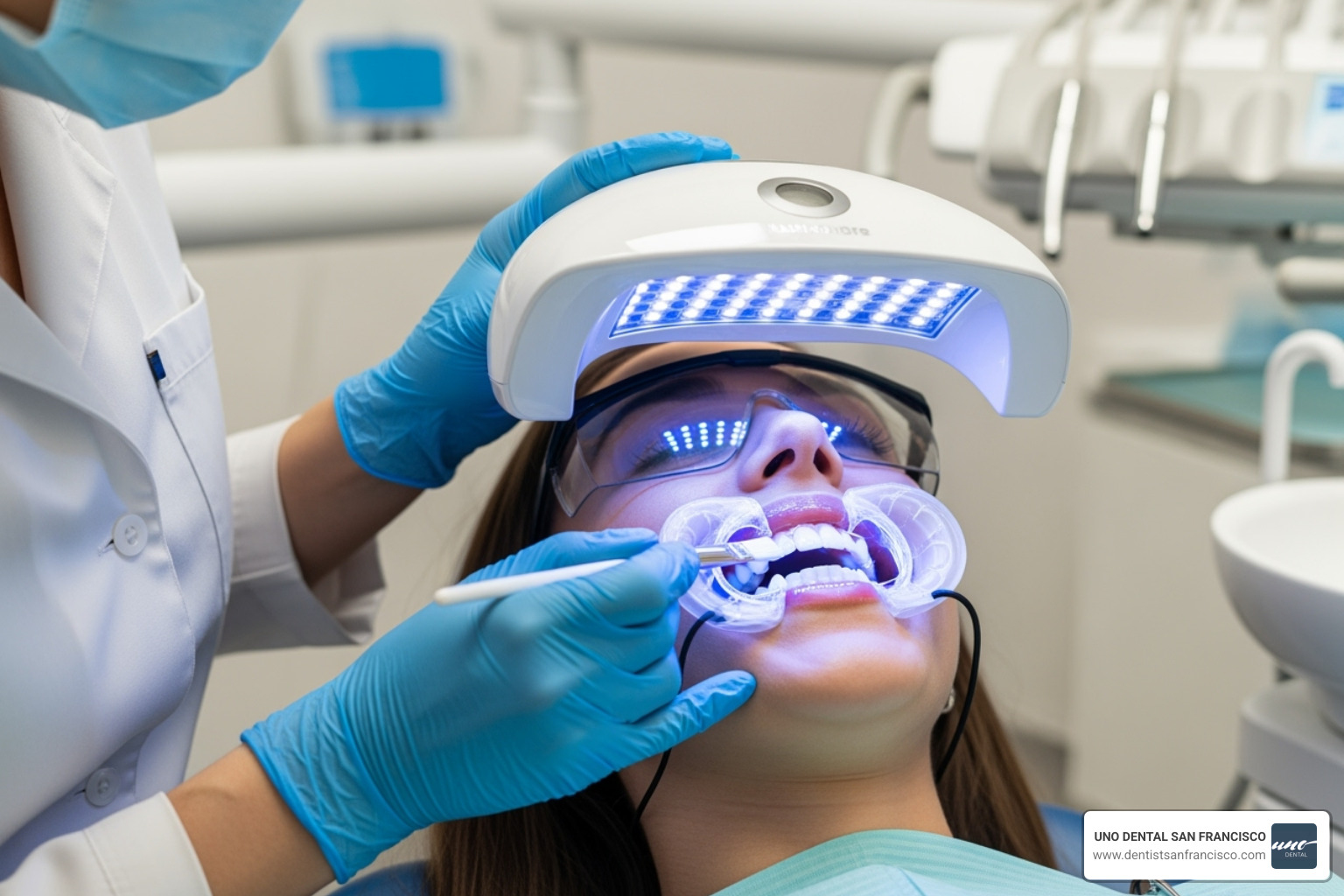 dentist applying whitening gel with a light activator - professional dental whitening cost dentist applying whitening gel with a light activator - professional dental whitening cost