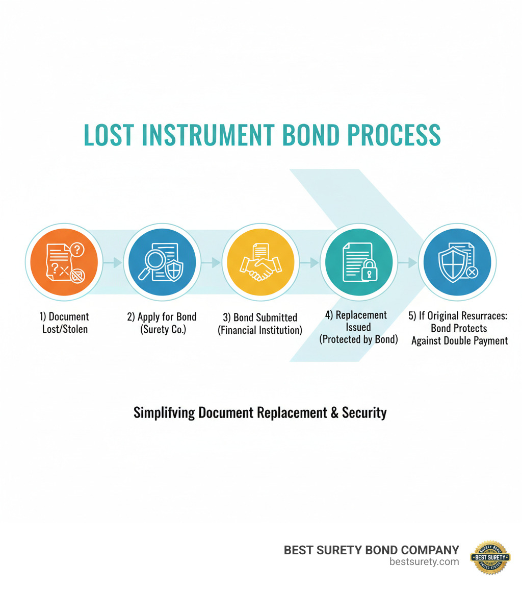 Infographic showing the lost instrument bond process: 1) Financial document is lost or stolen, 2) Owner applies for lost instrument bond through surety company, 3) Bond is submitted to financial institution, 4) Institution issues replacement document protected by the bond, 5) If original document resurfaces, bond protects institution from double payment - Lost instrument bond infographic 