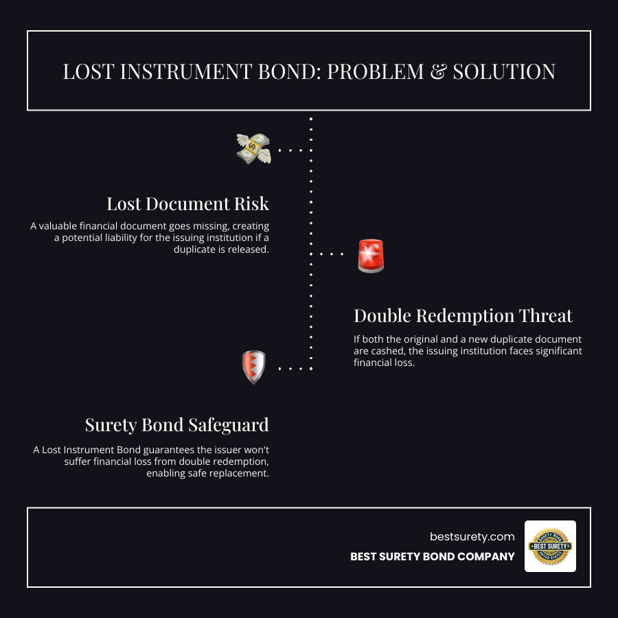 Infographic detailing the problem of lost documents and the solution provided by lost instrument bonds. - Lost instrument bond infographic infographic-line-3-steps-dark